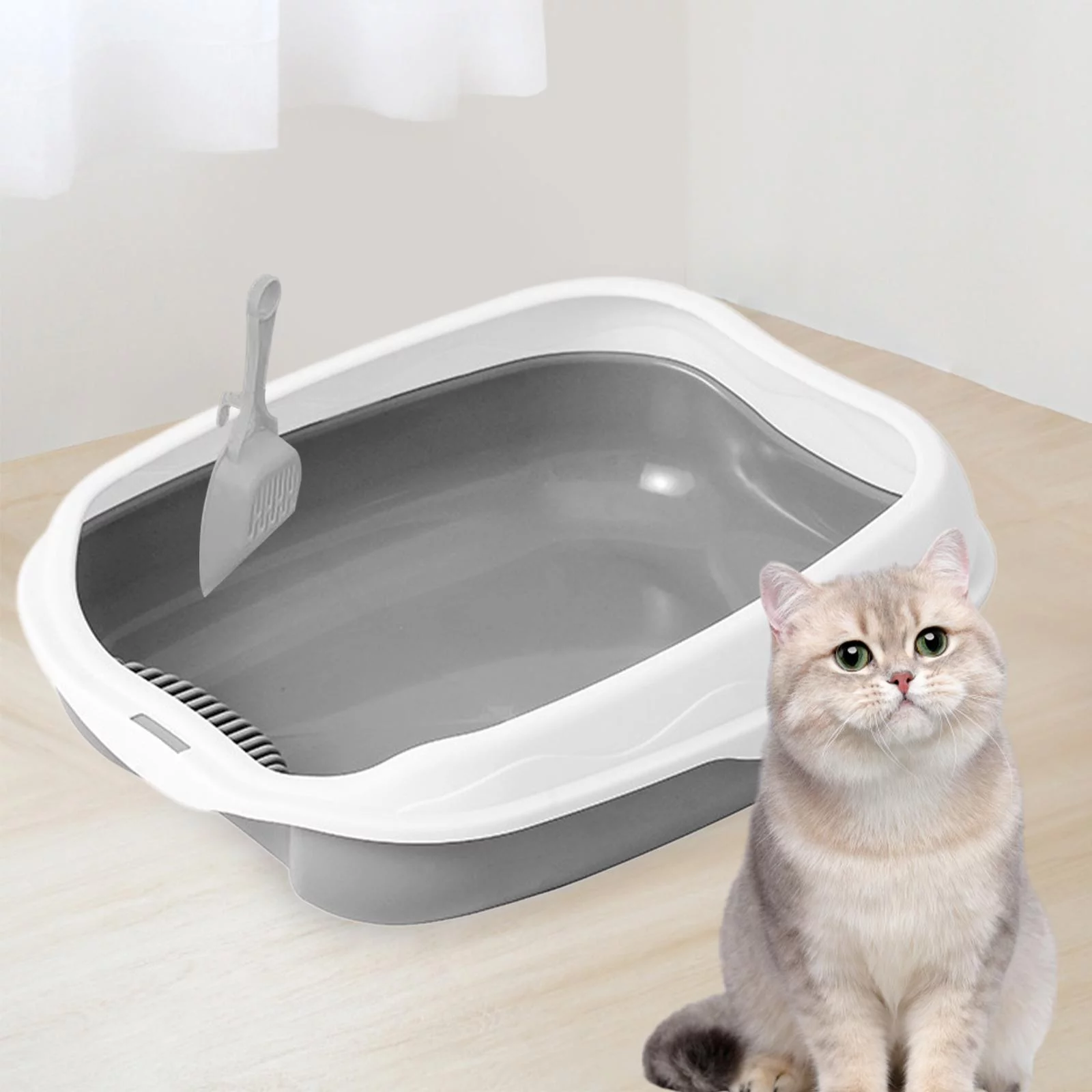 Cat Pet Litter Tray Pet Supplies Easy to Clean Heighten Removable Cat Gray L 50x40x17cm