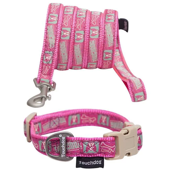 Touchdog CLSH1PKMD Caliber Designer Embroidered Fashion Pet Dog Leash & Collar Combination, Pink Pattern - Medium