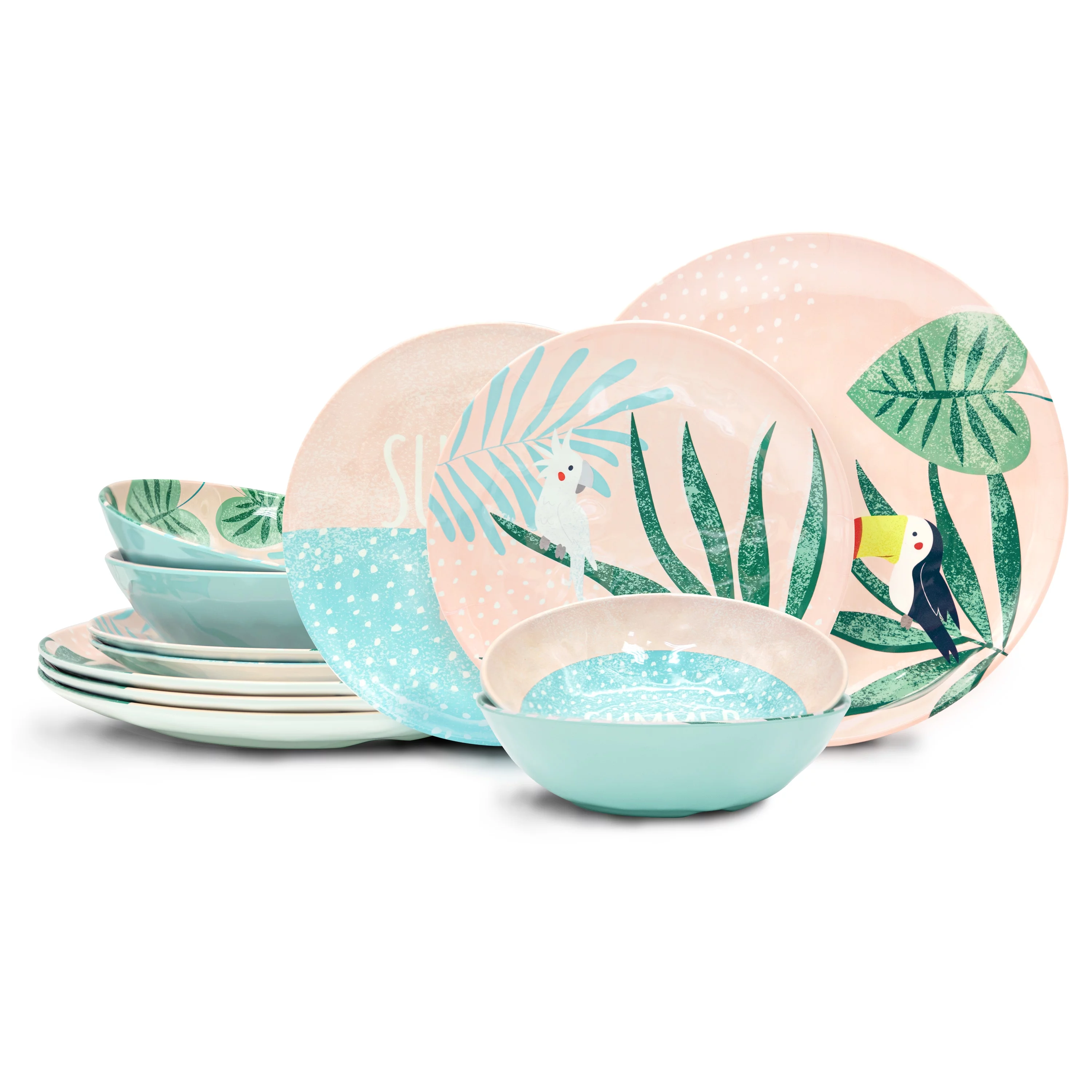 Zak Designs 12-Piece Summer Prints Dinnerware Set Melamine Plates and Bowls, Durable and Dishwasher Safe Tableware for Four, Pink Tropics