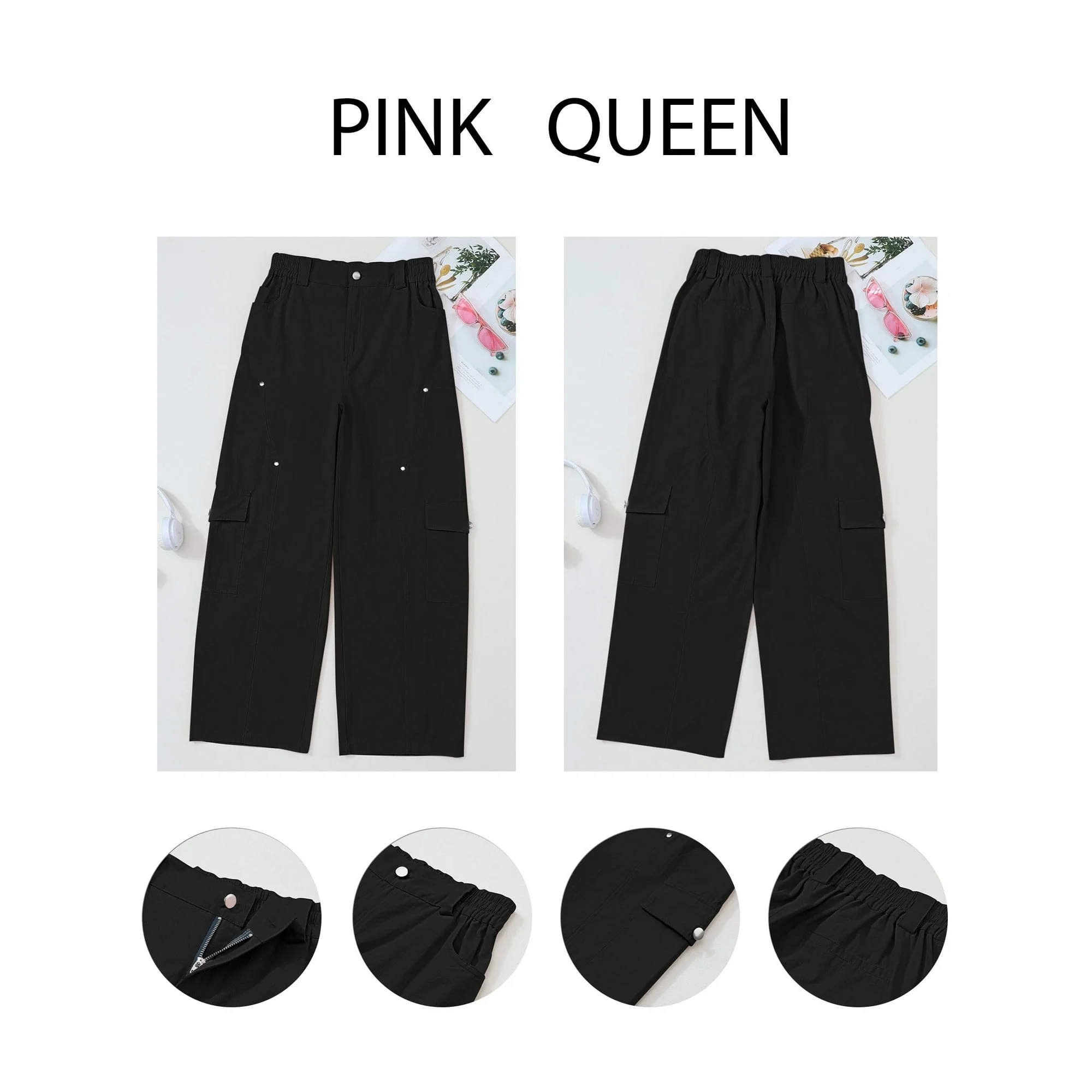 Pink Queen Women Cargo Pants Adustable Elastic High Waist Baggy Stretchy Wide Leg Y2k Combat Pants Trousers