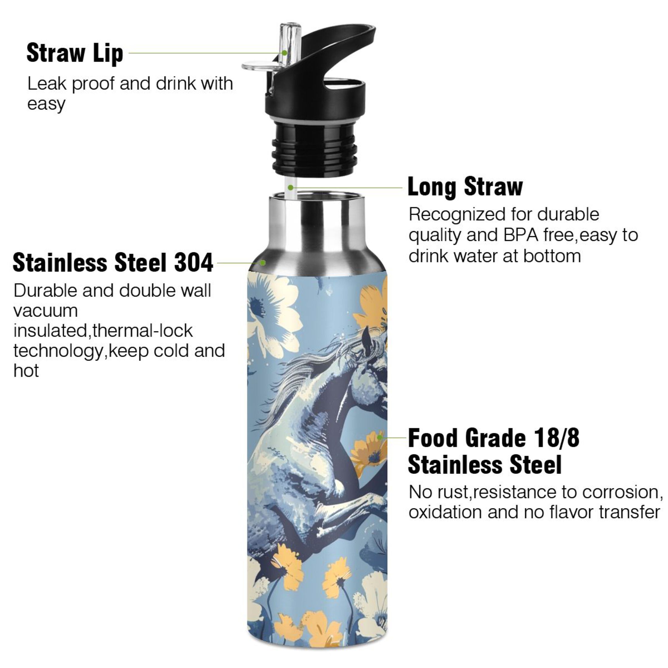Retro Horse in Flowers Water Bottles Insulated Thermos Kids Stainless Steel Bottle with Straw Lid Flask Leakproof for Sports Gym 20 oz