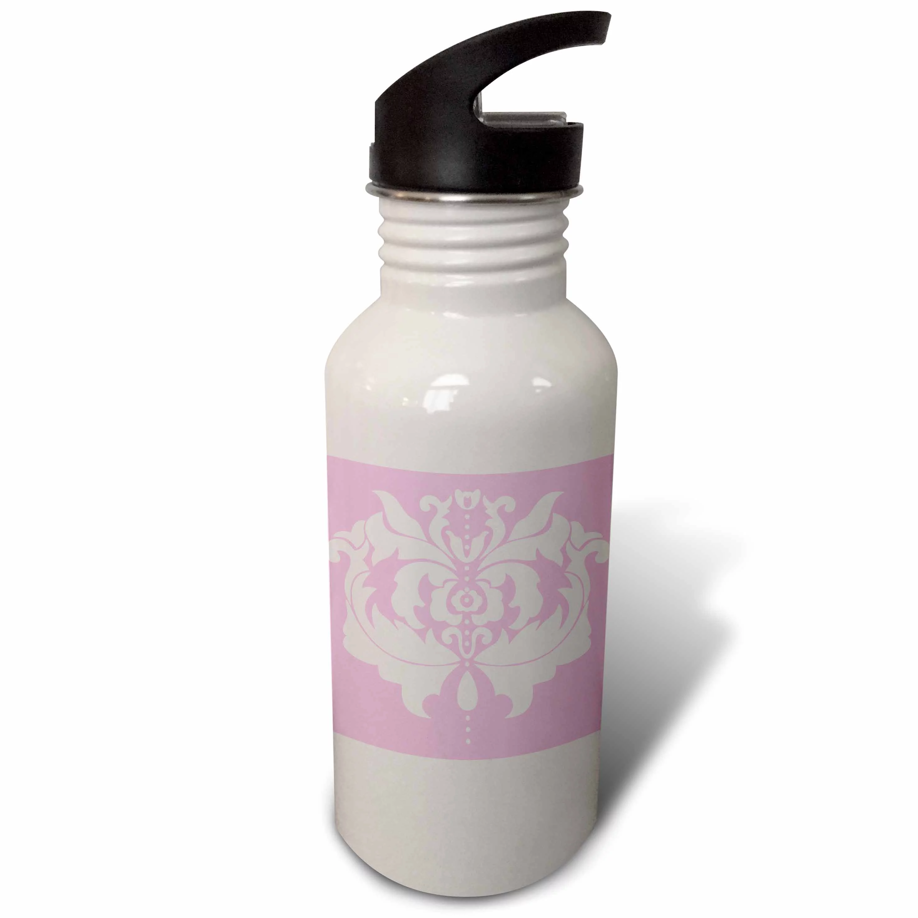 White Damask Design On Light Pink Background 21 oz Sports Water Bottle wb-44162-1