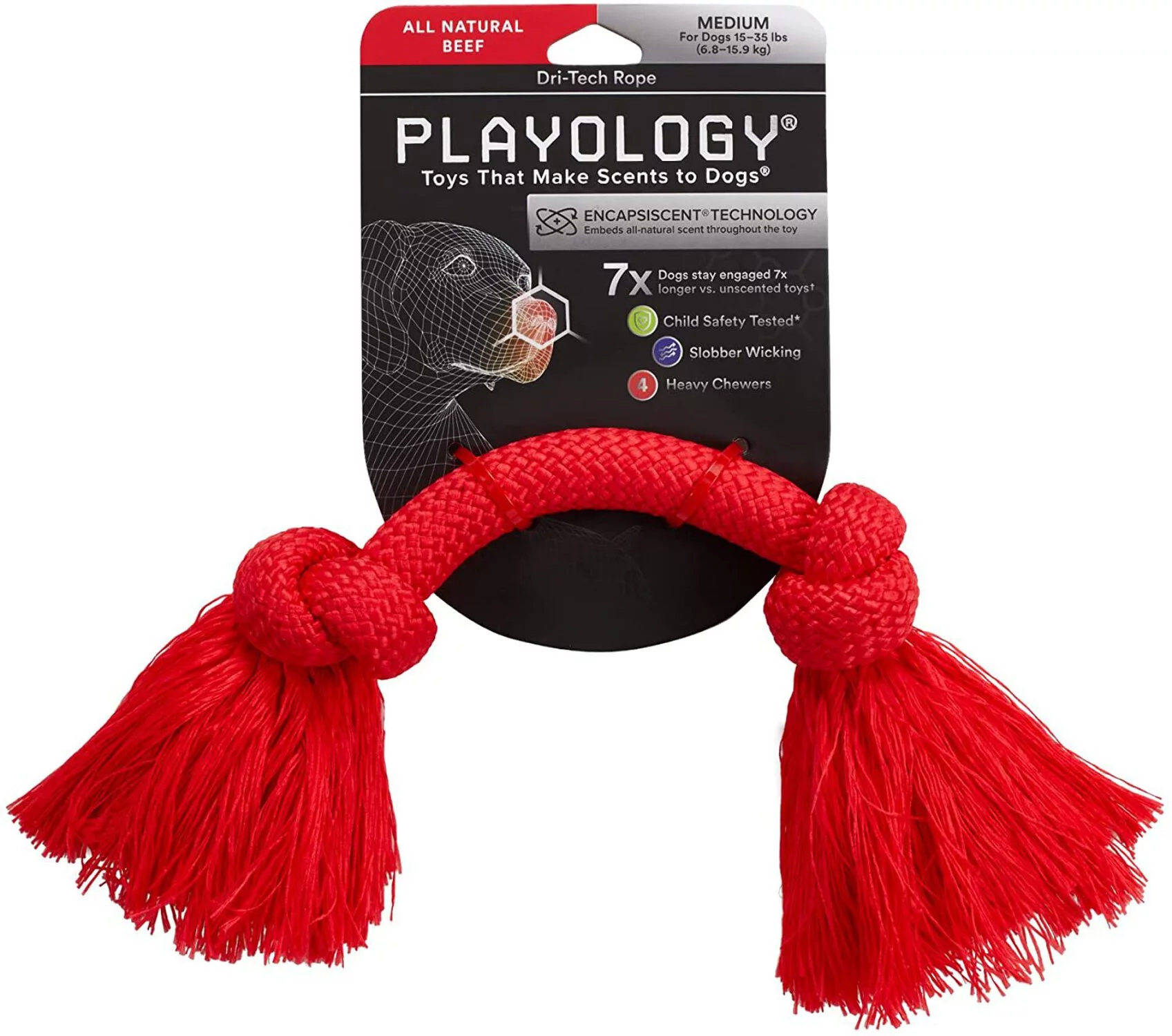 Playology - Dri-Tech Rope Dog Toy - Medium - Engaging All-Natural Beef Scent/Red