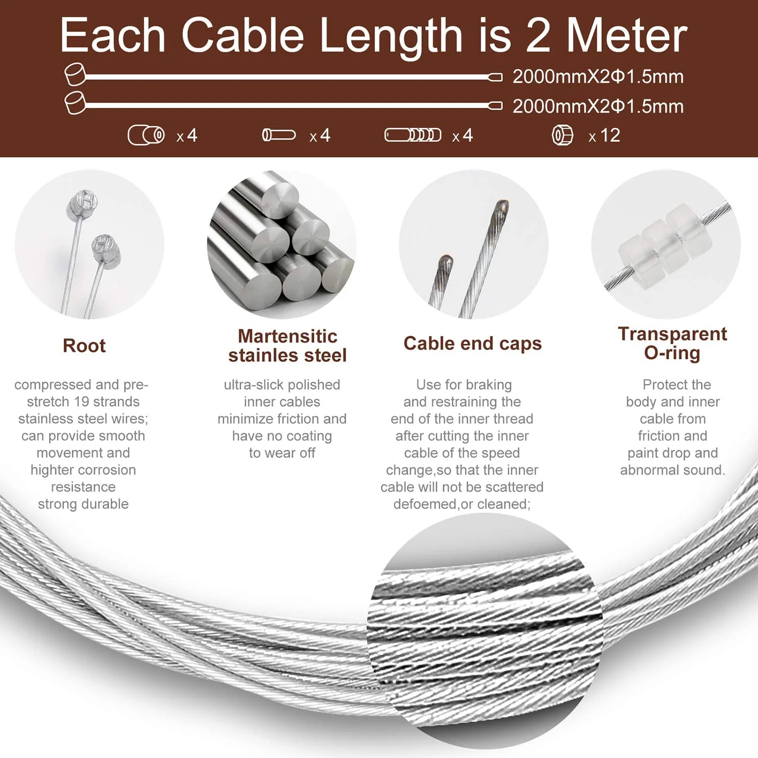 4PCS Premium Bike Brake Cable Set,Universal Standard Bicycle Brake Cable, Professional Bicycle Brake line For Front and Rear Mountain MTB or Road Bikes,include Free Cable Cap End Crimps accessories 2M