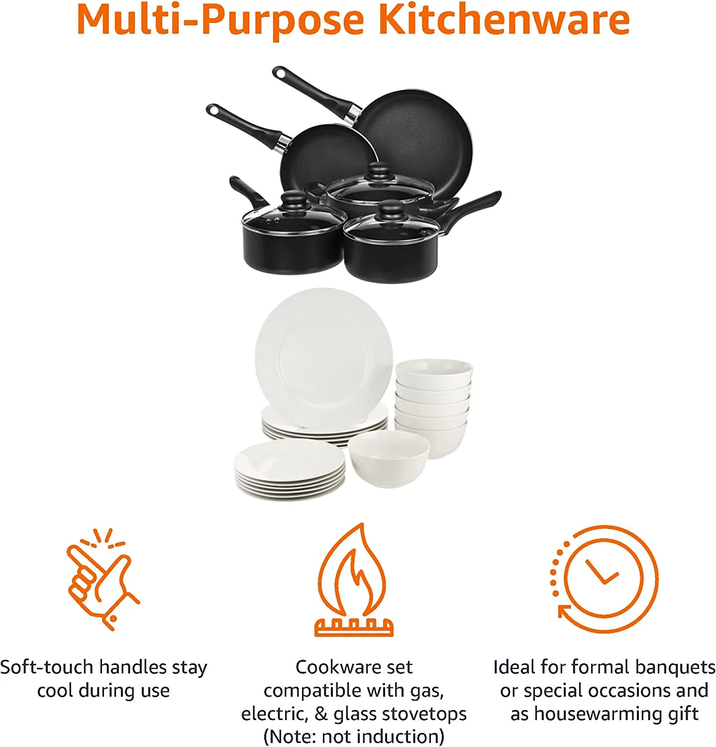 YINCHEN 18-Piece Kitchen Dinnerware Set, Dishes, Bowls, Service for 6, White & Non-Stick Cookware Set, Pots and Pans - 8-Piece Set