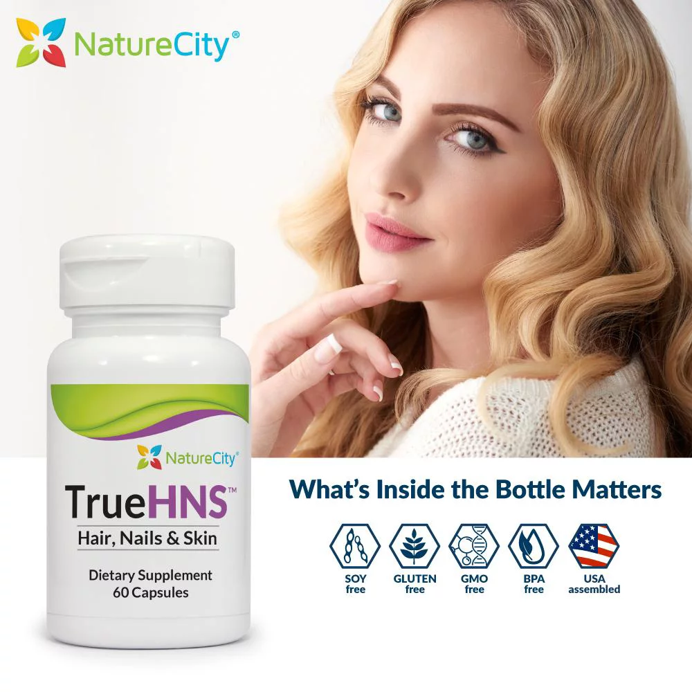 TrueHNS - Hair, Nails & Skin Supplement Featuring 500mg of Cynatine HNS Keratin, 1,000mcg of Biotin, and 20mg of Bamboo Extract by NatureCity (30 Capsules)