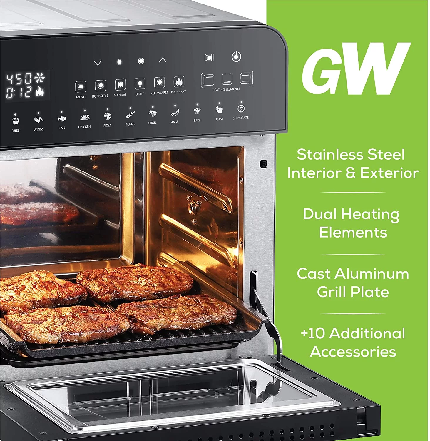 Stainless Steel and Black Ultimate 14.7-Quart Air Fryer Oven Grill with Dual Heating Elements, Cast Aluminum Grill Plate, oven with Rotisserie