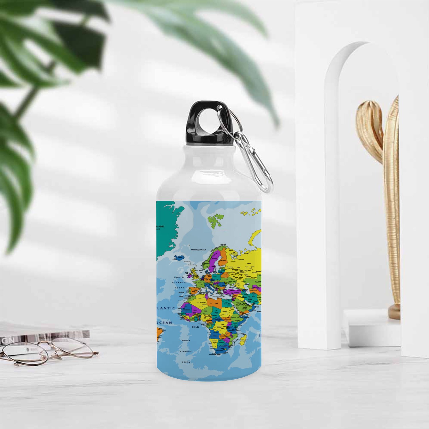 GZHJMY Sports Water Bottles, Cartoon World Map Large Capacity Aluminium Portable Leakproof Lightweight Drink Bottles for Fitness and Outdoor Enthusiasts