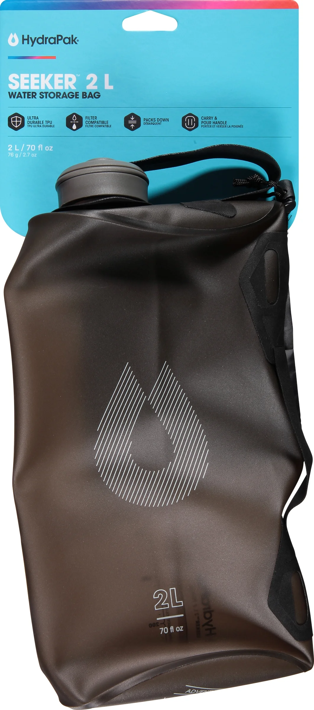 HydraPak Seeker Water Bottle, Mammoth Grey, 2L/70 oz.,