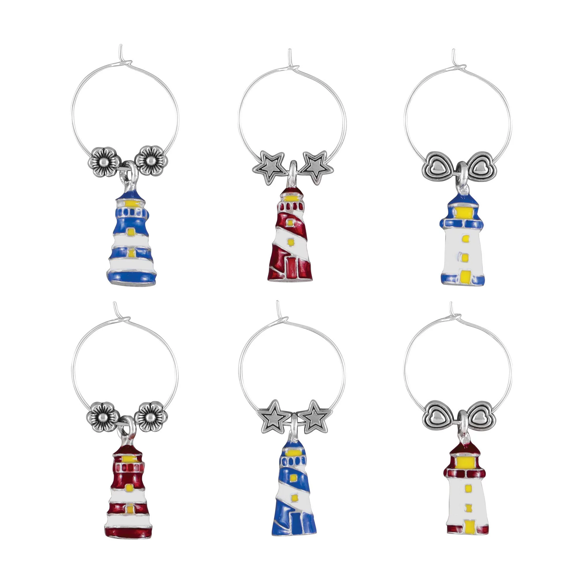 Wine Things 6-Piece Wine Charms/Wine Glass Tags/Drink Markers for Stem Glasses, Wine Tasting Party (Lighthouse)