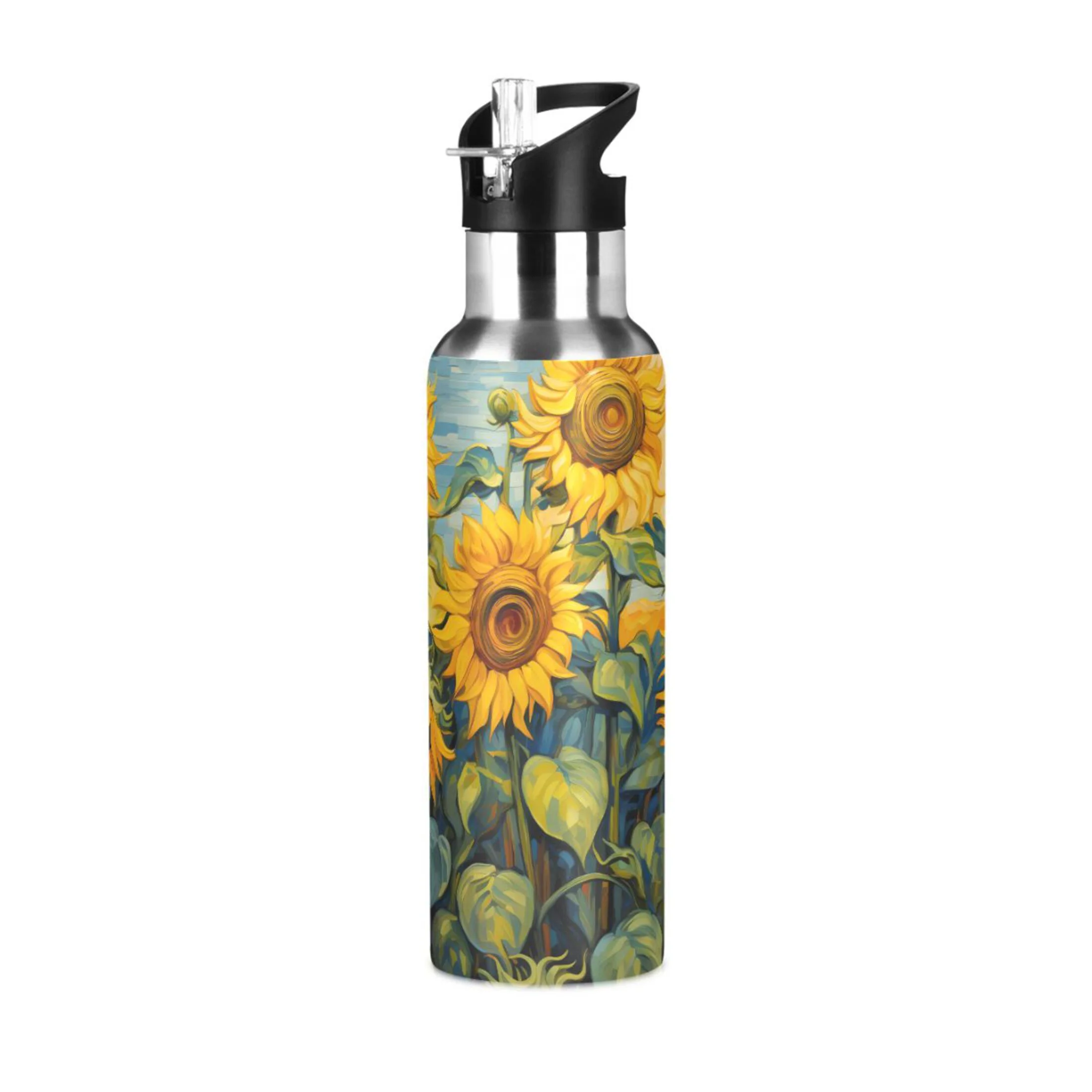 Sunflowers and Moon Water Bottles Insulated Thermos Kids Stainless Steel Bottle with Straw Lid Flask Leakproof for Sports Gym 20 oz
