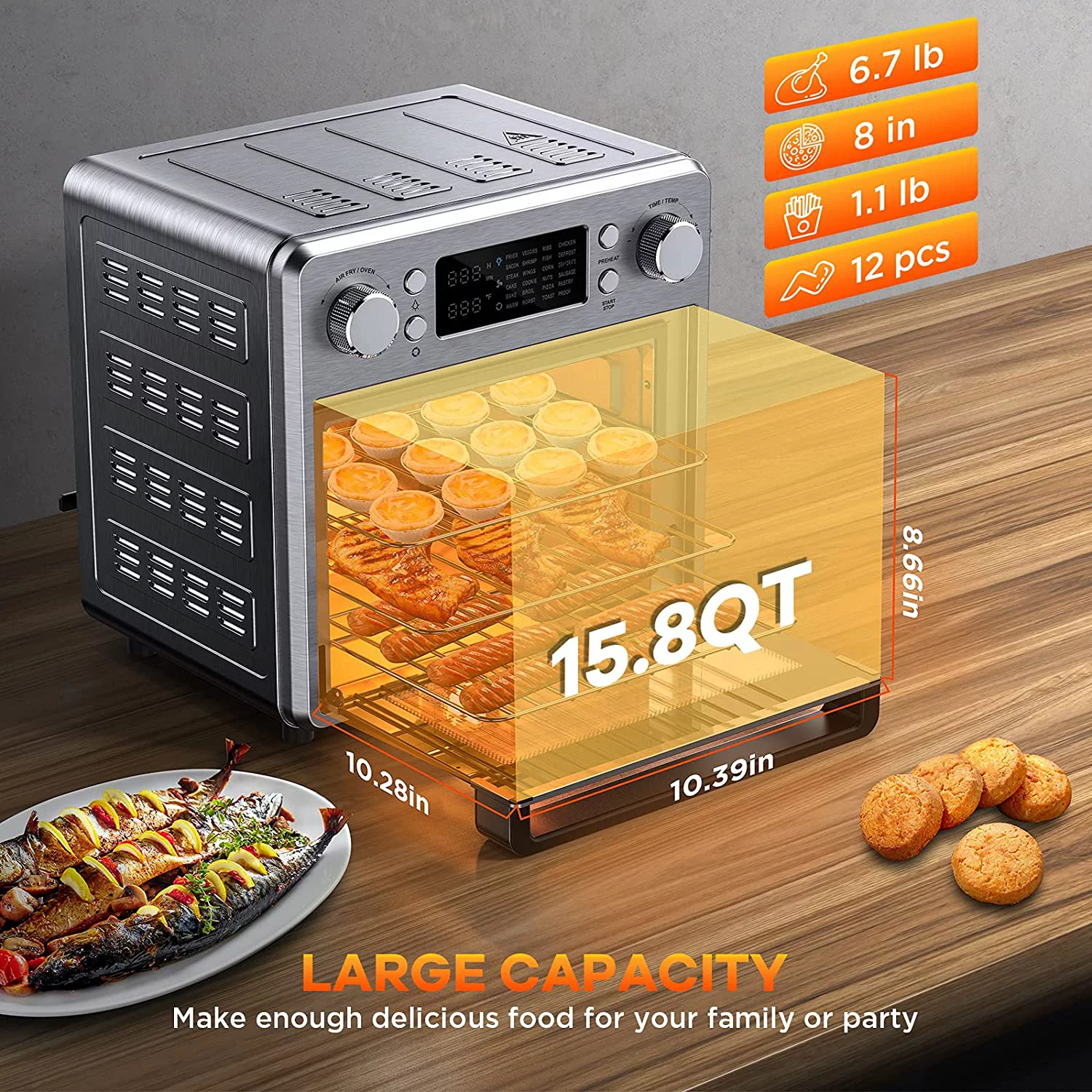 Air Fryer, HomeRusso 15L/15.8QT 24-in-1 Air Fryer Toaster Oven, 1600W LCD Display Convection Toaster Oven with 10 Accessories And Recipe Included