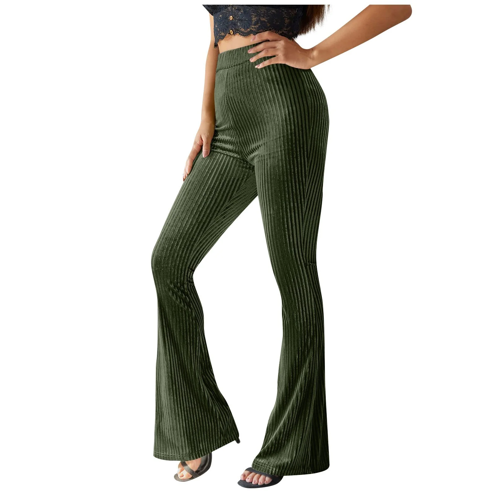 Womens Hiking Cargo Pants Joggers Sweatpant Womens Casual Solid Color High Waist Ribbed Flare Long Pants Comfy Elastic Slim Leg Trousers