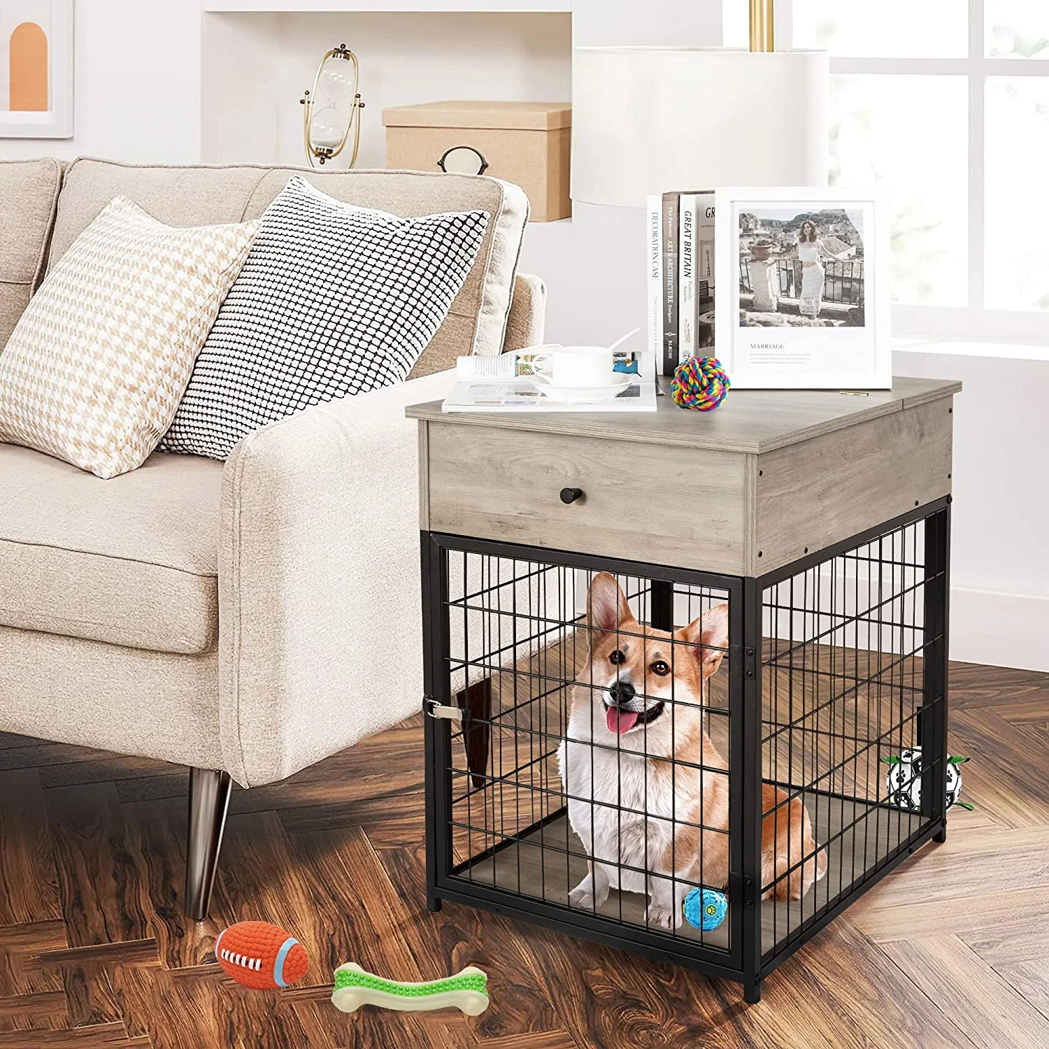Furniture Dog Crates, Style Wood Dog Kennel End Table with Drawer, Dog House Indoor Use, Chew-Proof,  Wooden Pet Crate, Indoor Pet Crate Side Table