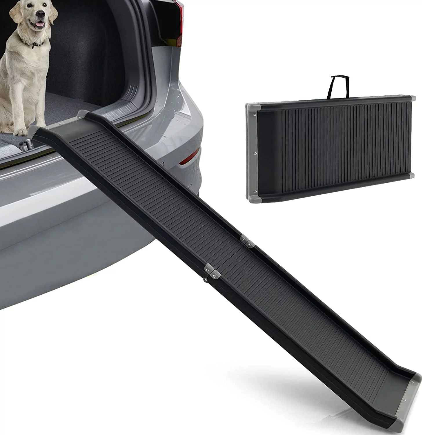 Dog Car Ramp, 63 Inch Folding Portable Pet Ramp for Large Old Dogs SUV Truck Bed w/ Side Rails & Safety Lock & Non-Slip Surface & Carry Handle, Steel Frame, Supports Up to 265 lbs