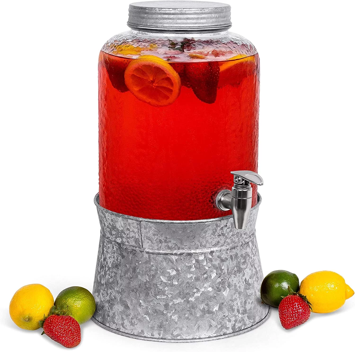 2.5 Gallon Pebbled Glass Beverage Dispenser with Galvanized Stand - Lid - Spigot - Decorative Round Jar for Drinks - Lemonade Sangria Tea Water Drink Jar Jug - Home Parties