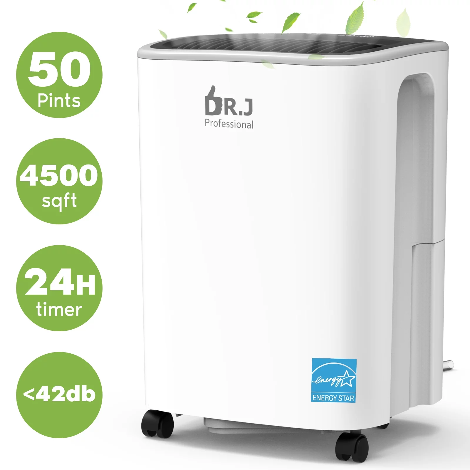 DR.J Professional Dehumidifier for Basement and Home, 50 Pints 4500 Sq. Ft Energy Star Certified Dehumidifiers with Drain Hose
