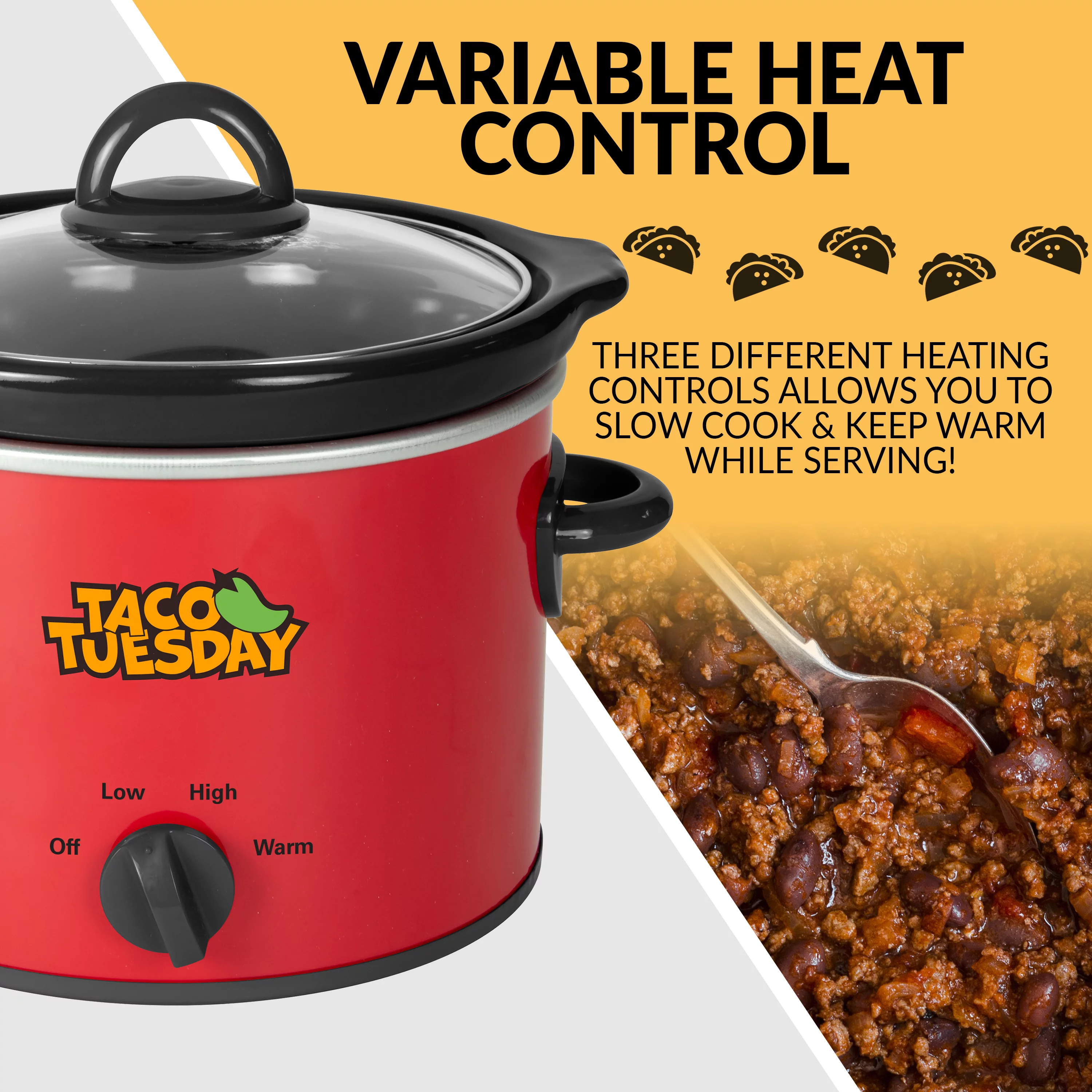 Taco Tuesday TTRDP2RD 2-Quart Fiesta Slow Cooker With Tempered Glass Lid, Cool-Touch Handles, Removable Round Ceramic Pot