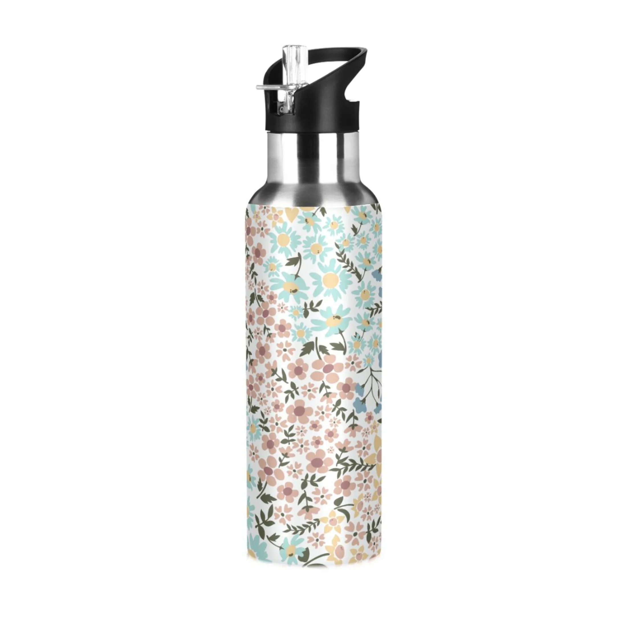 Water Bottle with Straw Lid Leak Floral Flowers Stainless Steel Insulated Thermos Vacuum Flask for Cold Hot Drinking for Sports Camping Gym Yoga