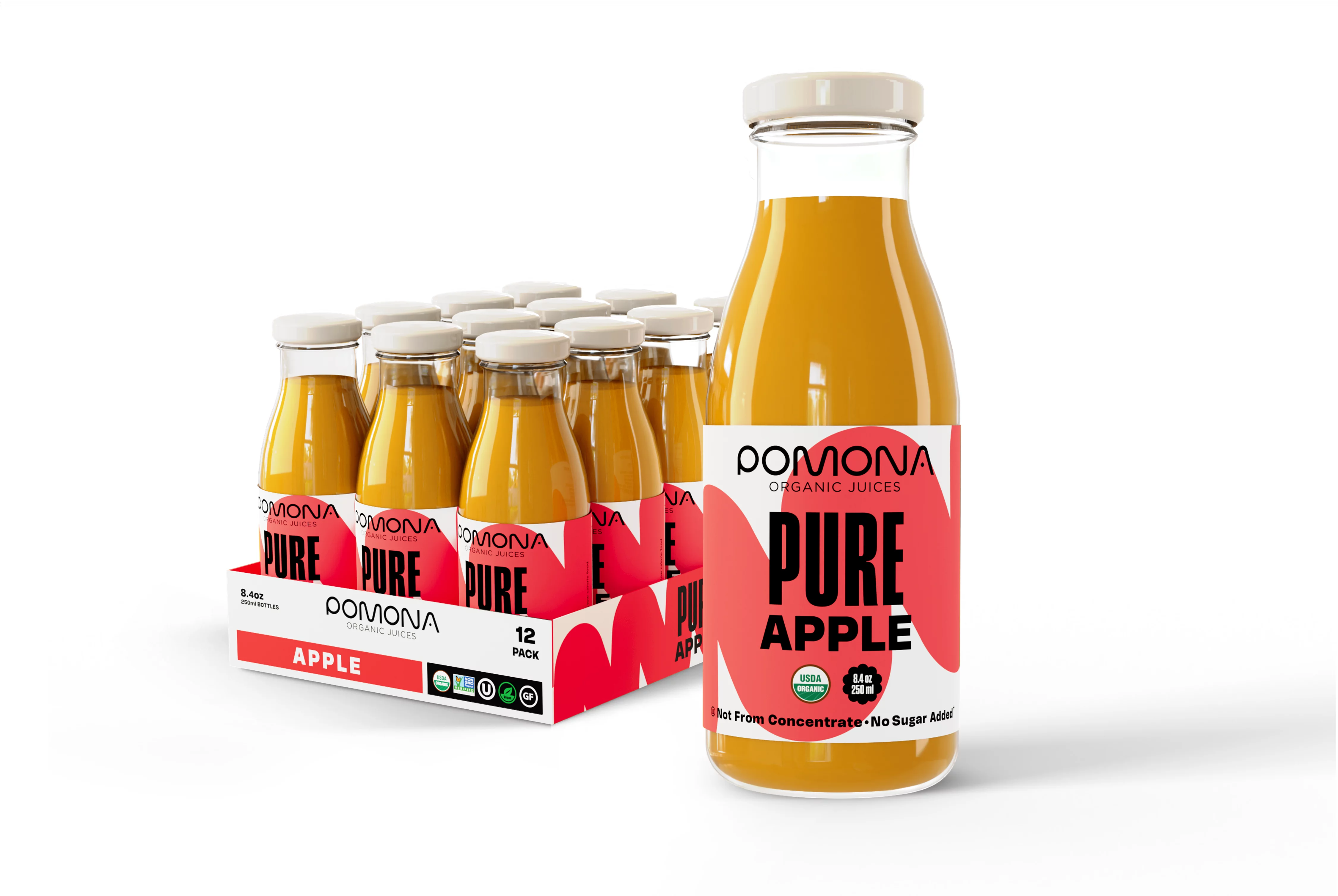 Pomona Organic Juices Pure Apple Juice: Pack of 12 x 8.4 Ounce Bottles, Cold Pressed Organic Juice, Non-GMO, No Sugar Added, Not from Concentrate, Gluten Free, Kosher Certified, Preservative Free