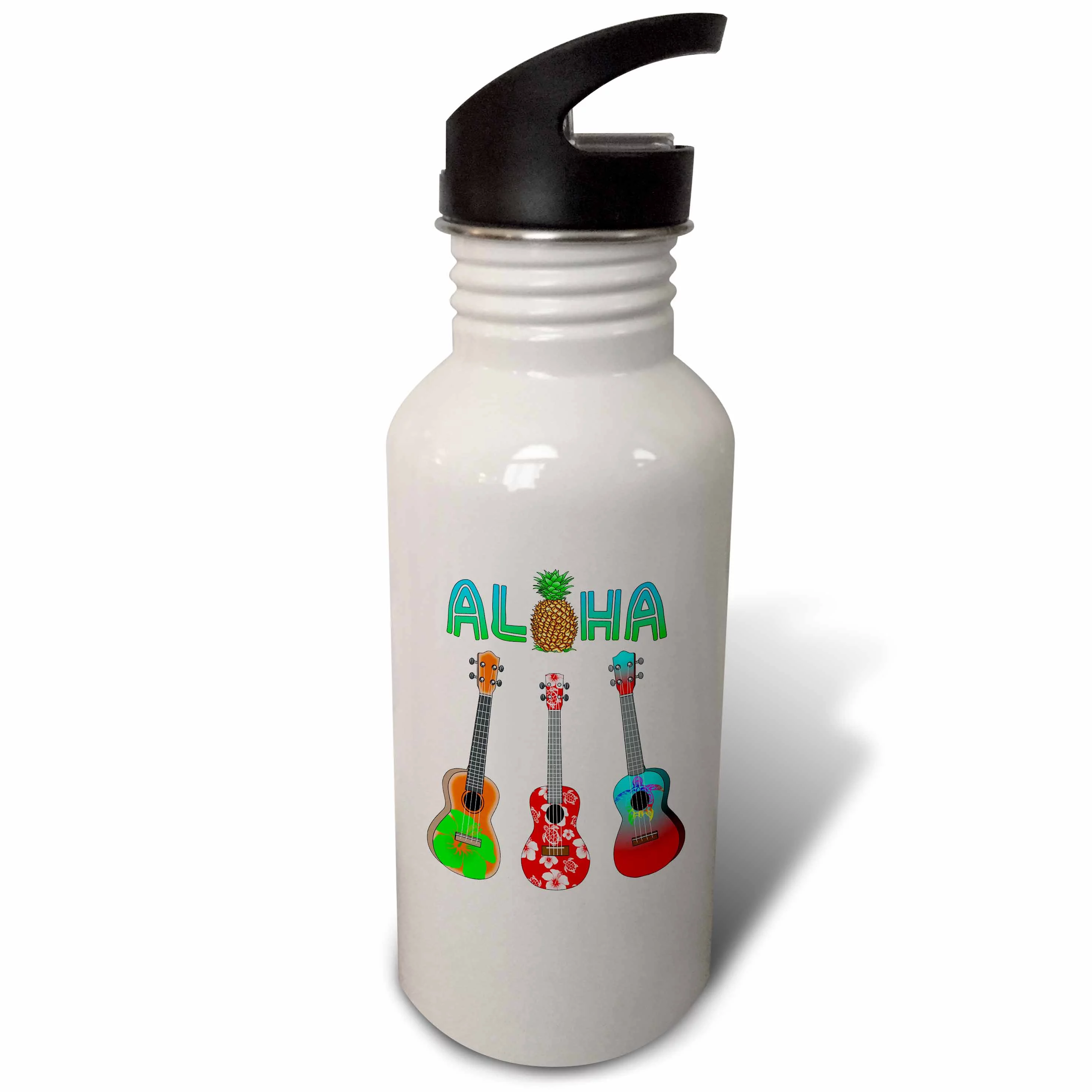 Hawaiian Aloha with three island style ukuleles for any music lover. 21 oz Sports Water Bottle wb-291820-1