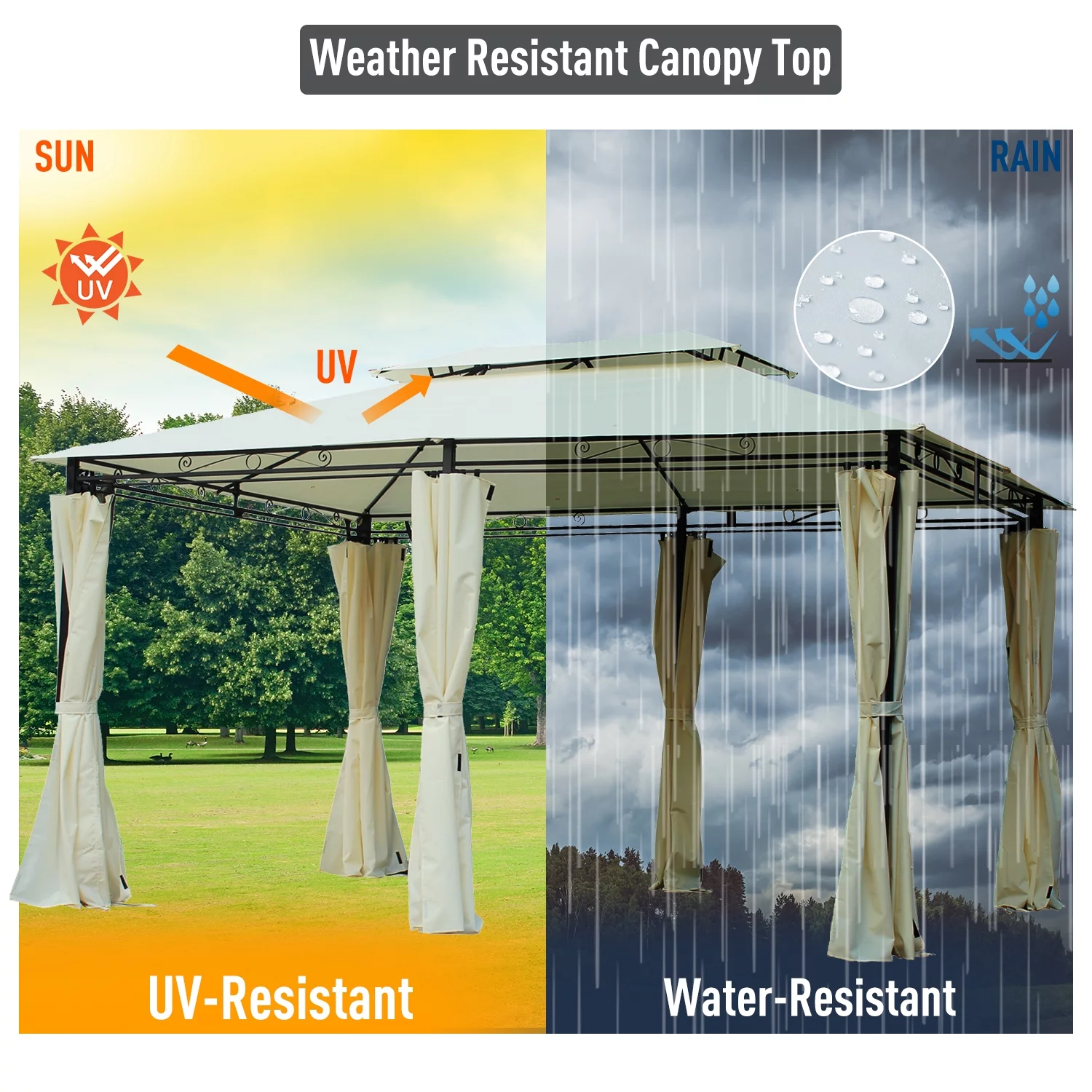Large Outside Relaxing Cabana w/ Steel Frame & Removable Curtains, Cream White
