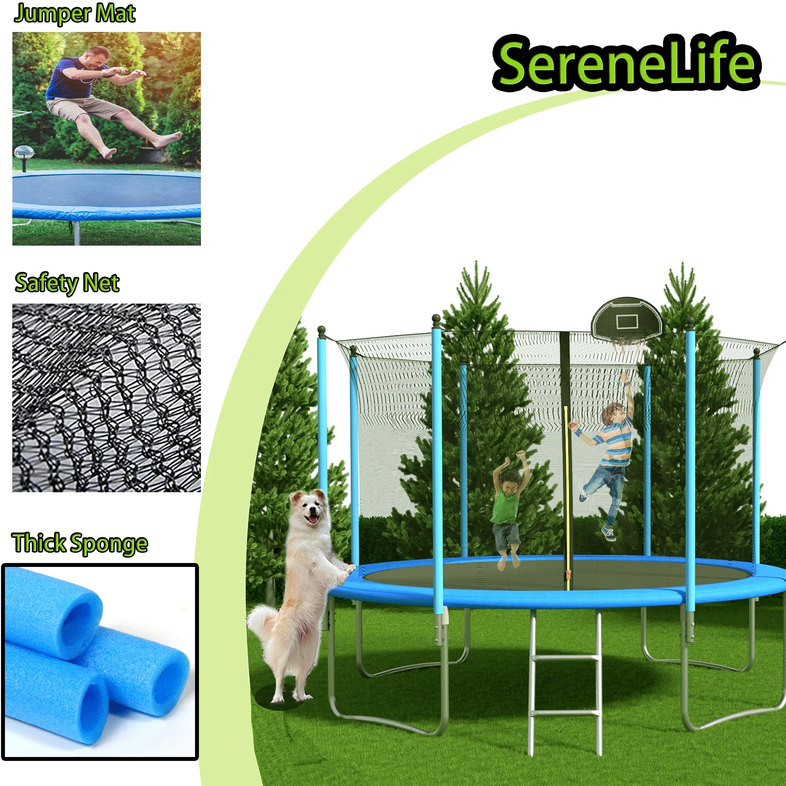 HEVAOTRY Kids Trampoline 10FT Round Trampoline with Basketball Hoop Safety Enclosure Net Ladder Padding-In Net