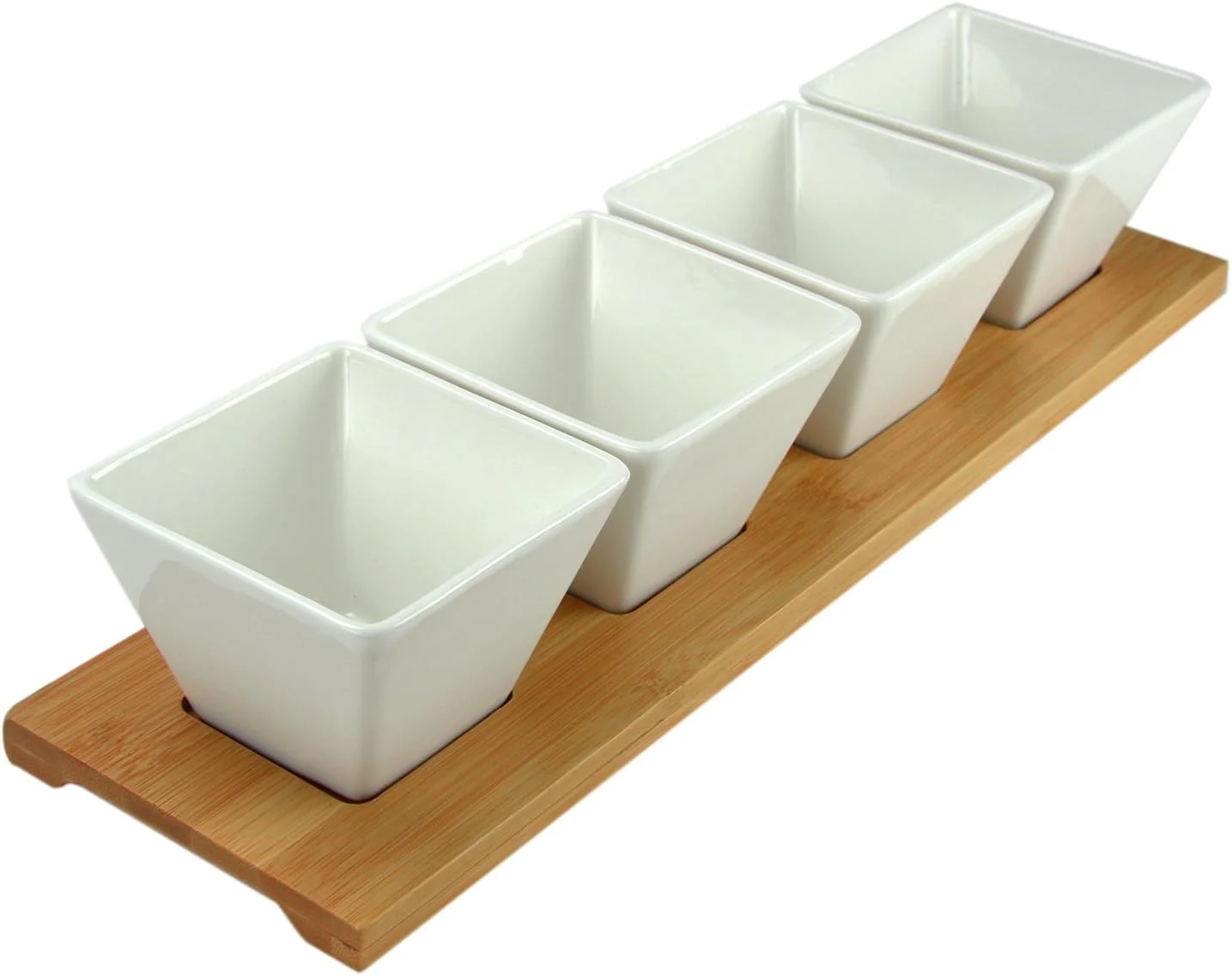Ceramic Stoneware Condiment Appetizer Set, 5 Piece, Long Rectangle In White And Natural Bamboo