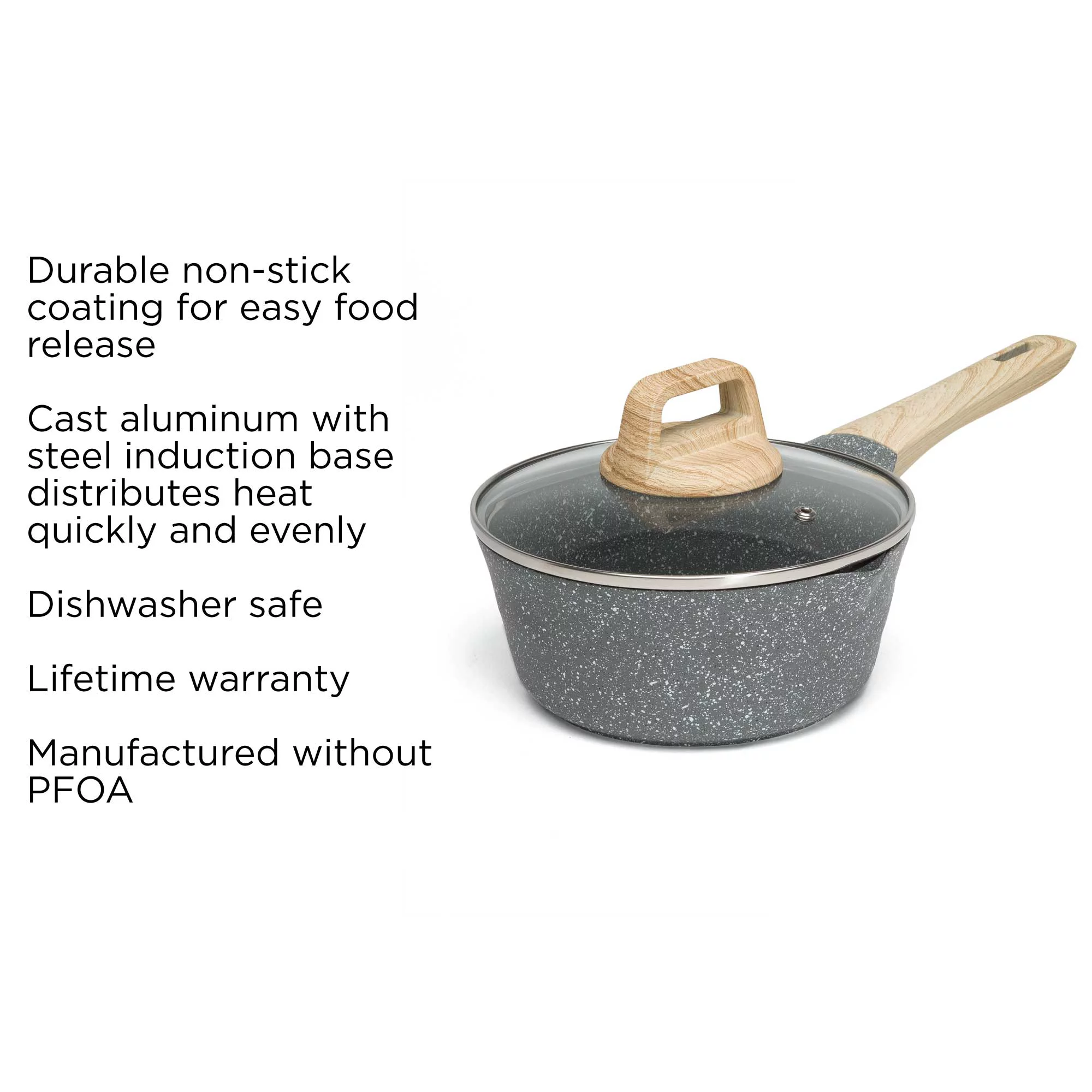 Ecolution Farmhouse Cast Aluminum Speckle Coated Saucepan with Ergonomic Wood Look Handle, Dishwasher Safe, Durable Non-Stick, 1.6 Quart