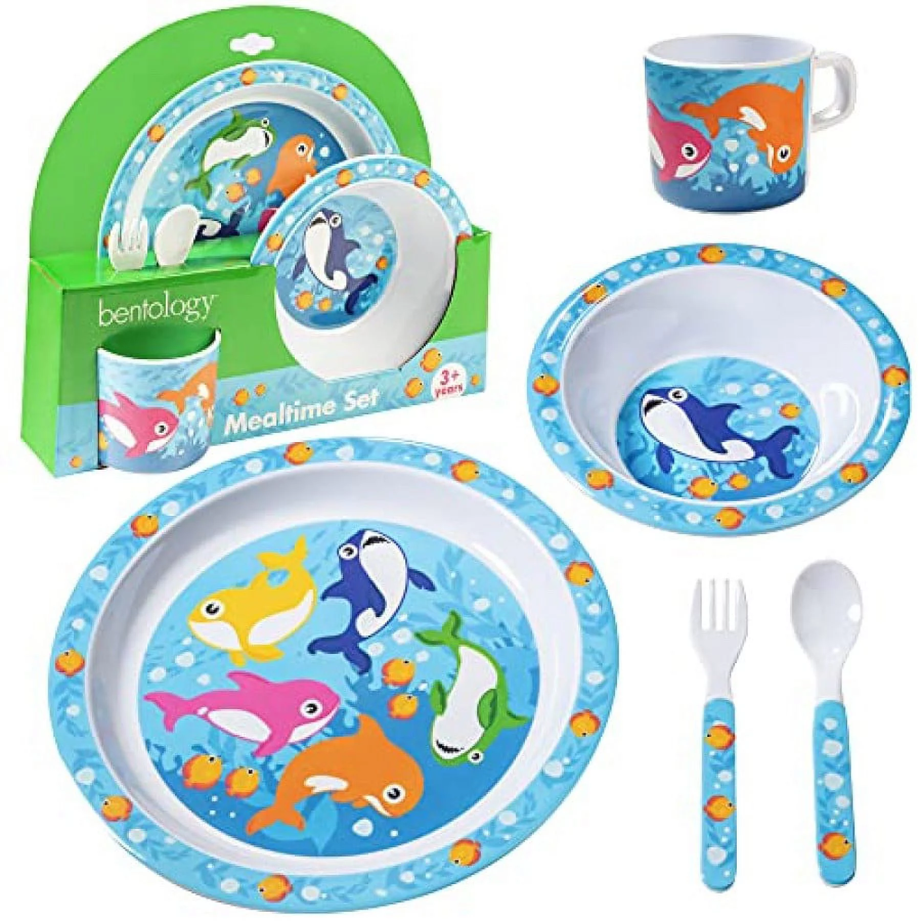 (2 pack) 5 Pc Mealtime Feeding Set for Kids and Toddlers - Shark - Includes Plate, Bowl, Cup, Fork and Spoon Utensil Flatware - Durable, Dishwasher Safe, BPA Free