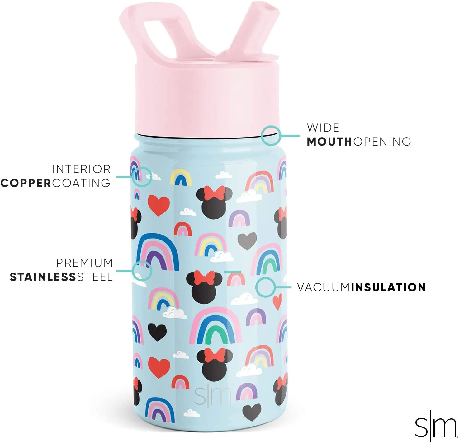 Simple Modern Disney Minnie Mouse Kids Water Bottle with Straw Lid | Reusable Insulated Stainless Steel Cup for Girls, School | Summit Collection | 14oz, Minnie Mouse Rainbows