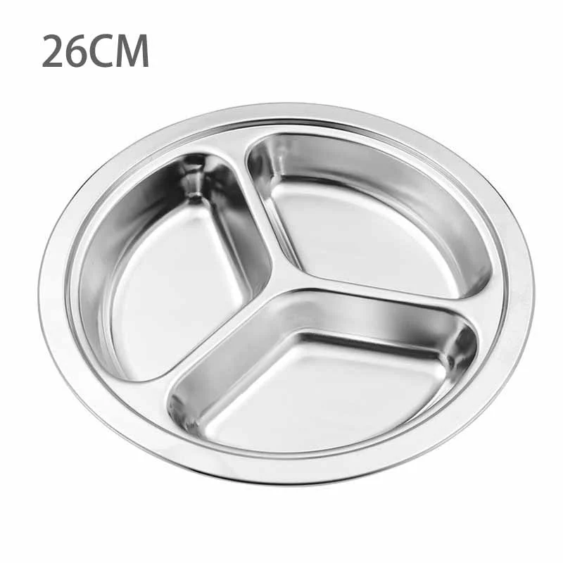 Stainless Steel 3 Sections Round Divided Dish Dia 22/24/26cm Snack Dinner Plate 26cm