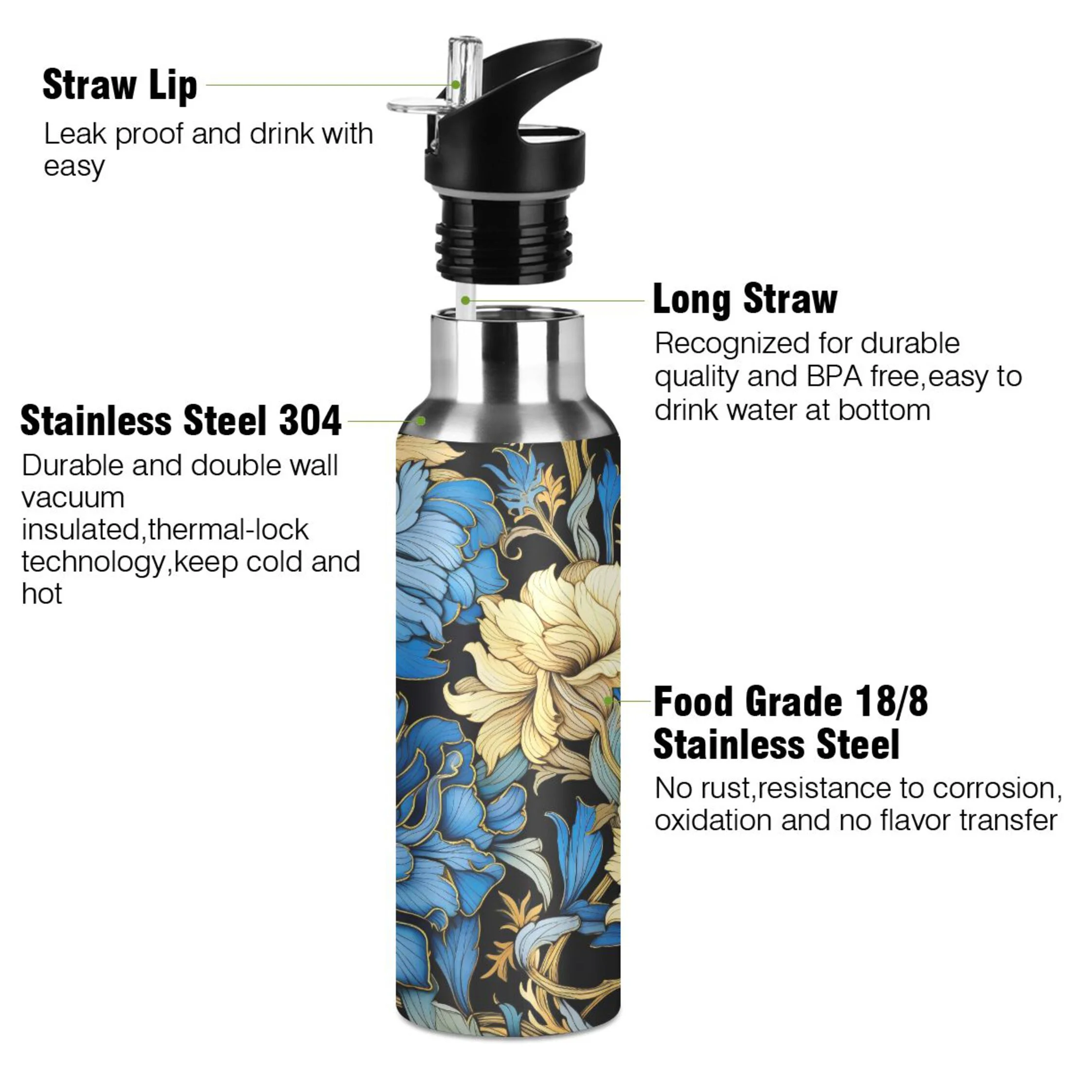 Water Bottle with Straw Lid Leak Blue and Yellow Flowers Stainless Steel Insulated Thermos Vacuum Flask for Cold Hot Drinking for Sports Camping Gym Yoga