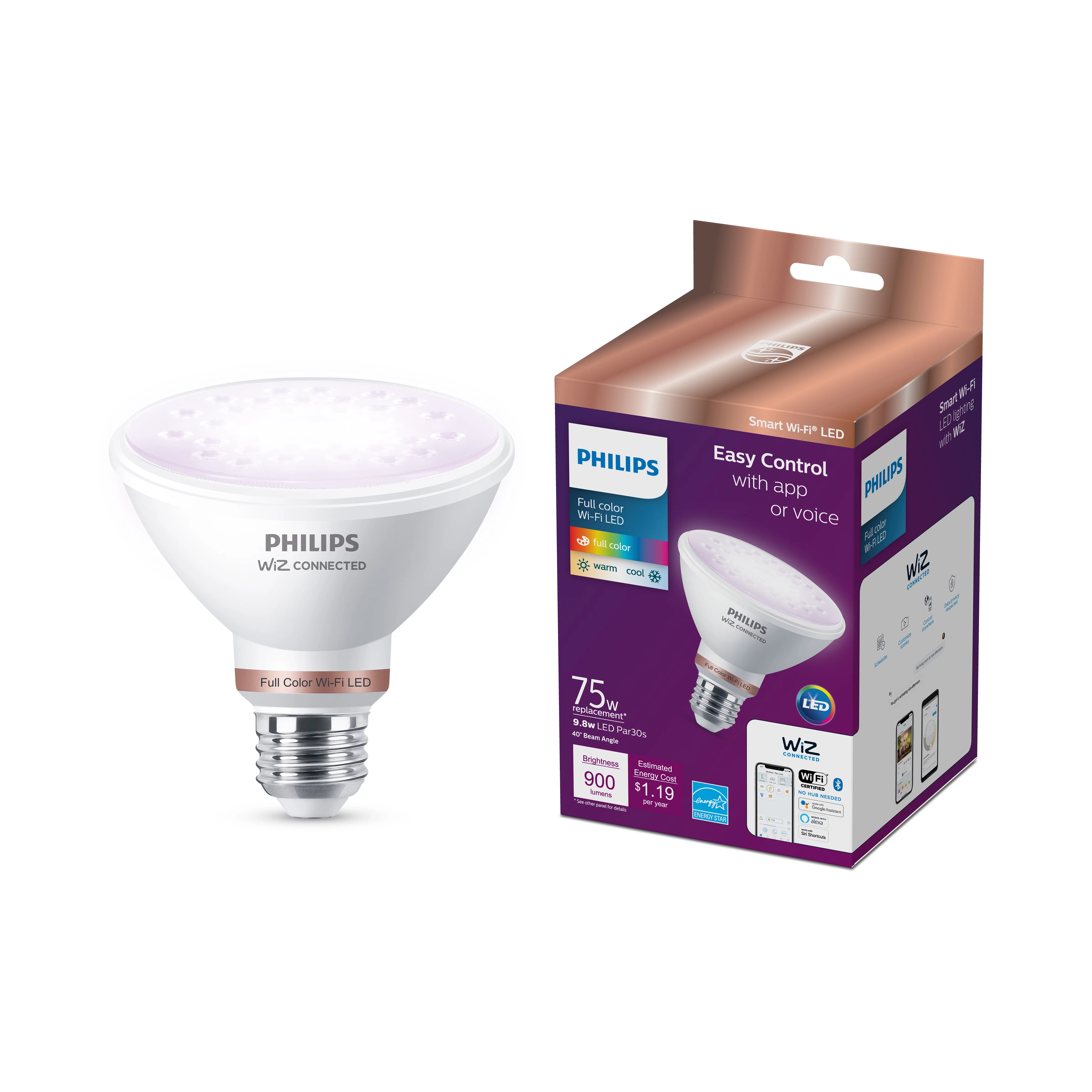Philips Smart Wi-Fi Connected LED 75-Watt Equivalent PAR30S Light Bulb, Color, Dimmable, E26 Medium Base (1-Pack)