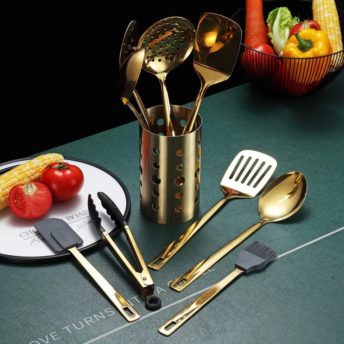 ReaNea 13 Pieces Gold Cooking Utensils Set, Stainless Steel Kitchen Utensils Set with Utensil Holder