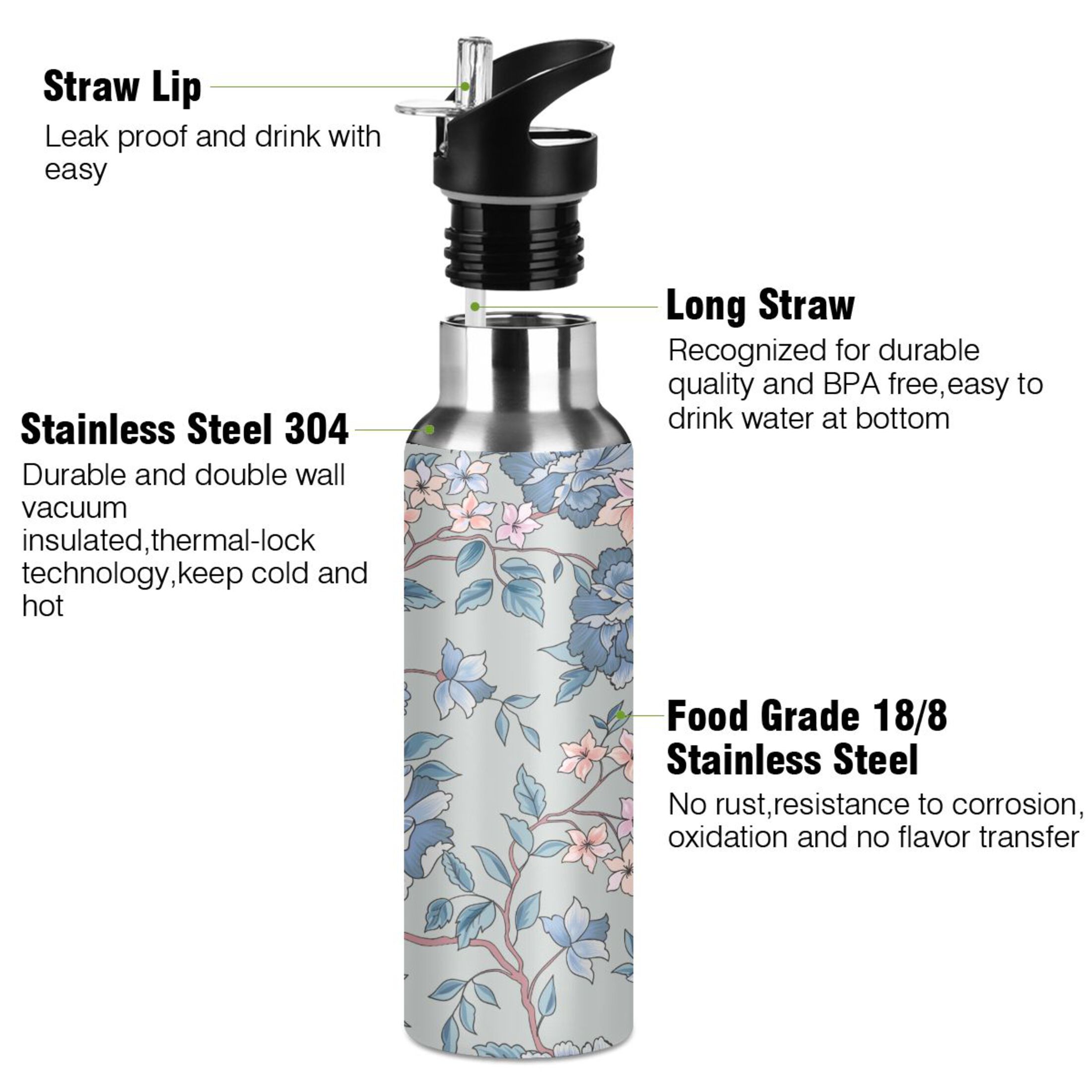 Water Bottle with Straw Lid Leak Retro Blue Flowers Stainless Steel Insulated Thermos Vacuum Flask for Cold Hot Drinking for Sports Camping Gym Yoga