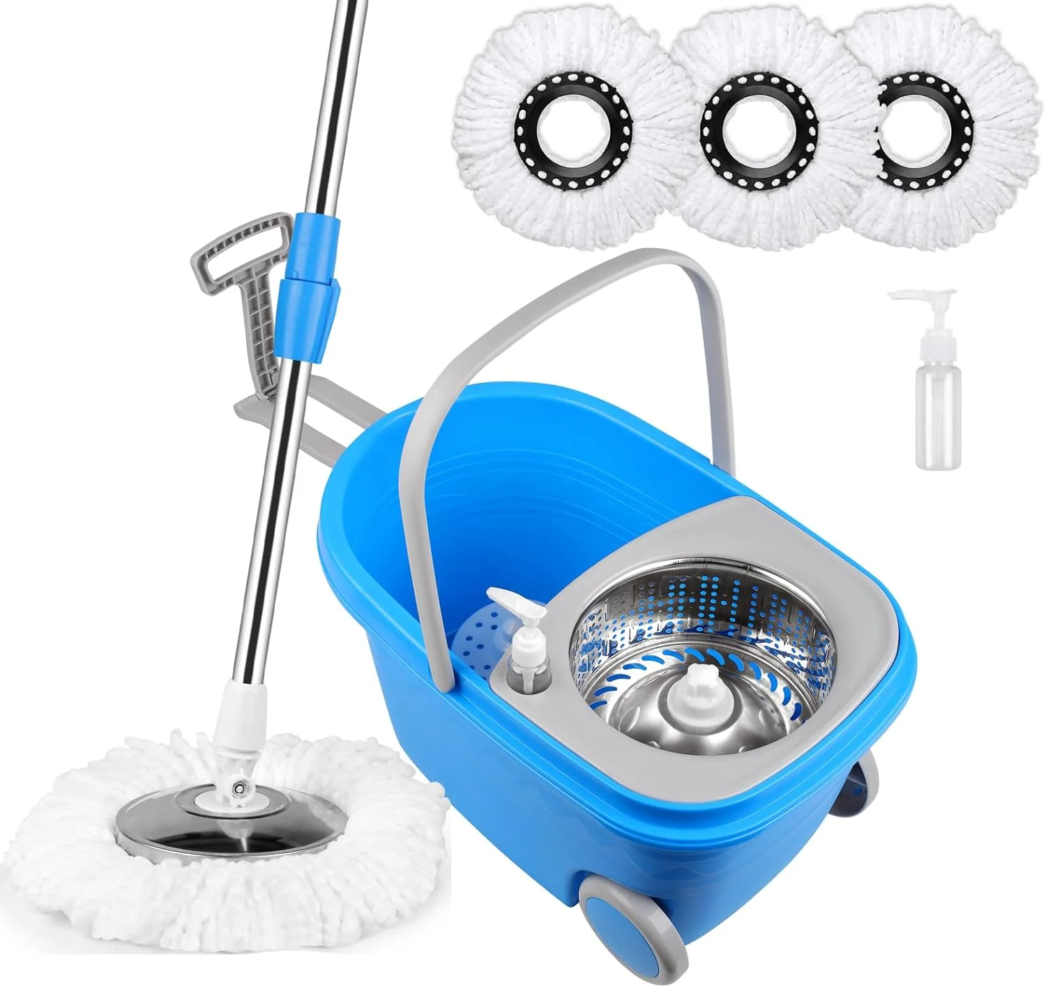 Microfiber Mop and Bucket with Wringer Set, 3 Washable Microfiber Pads Included for Floor Cleaning, Adjustable Stainless Steel Handle, Easy Moving with Wheels, Blue