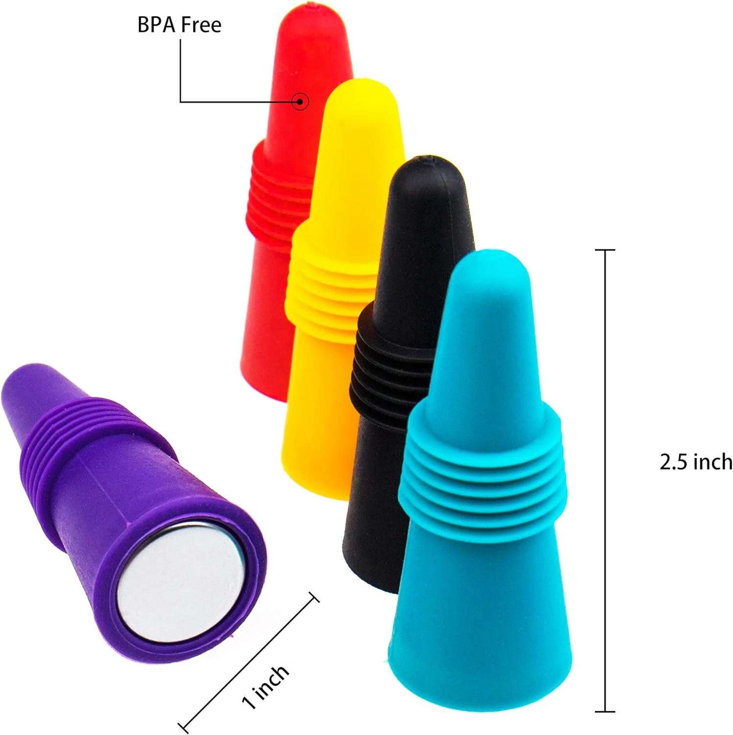 5 Pack Reusable Silicone Wine Stoppers Beverage Bottle Sealer Replacement with Grip Top for Cork to Keep The Wine Fresh-Red, Purple, Green, Orange,Black
