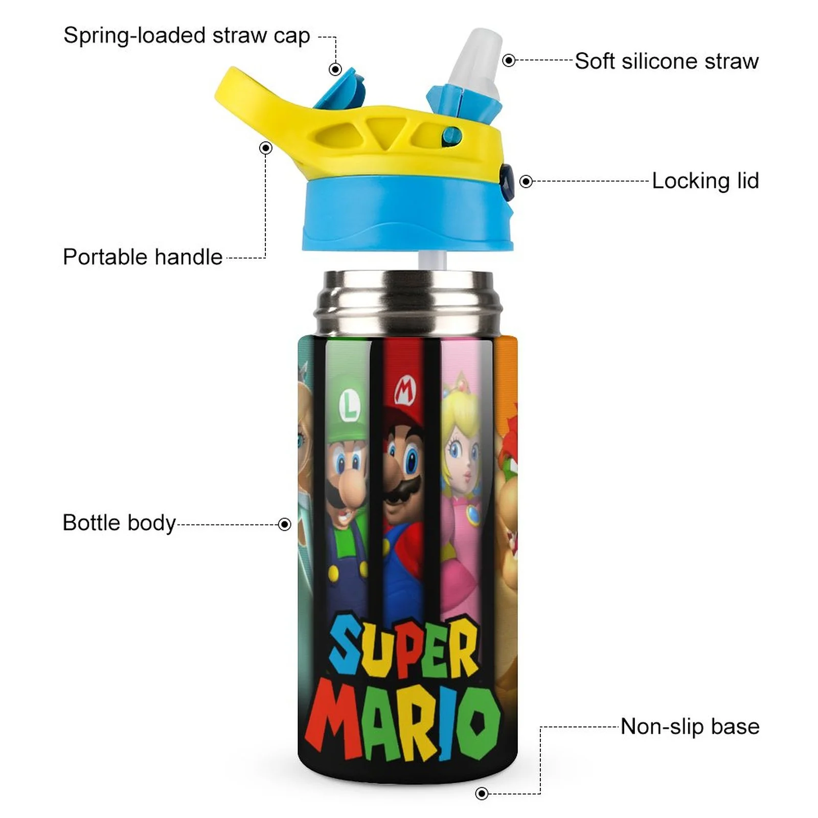 Super Mario Logo Kid's Insulated Water Bottle With Straw Vacuum Stainless Steel Cup Leak-Proof Children Toddler Thermoses