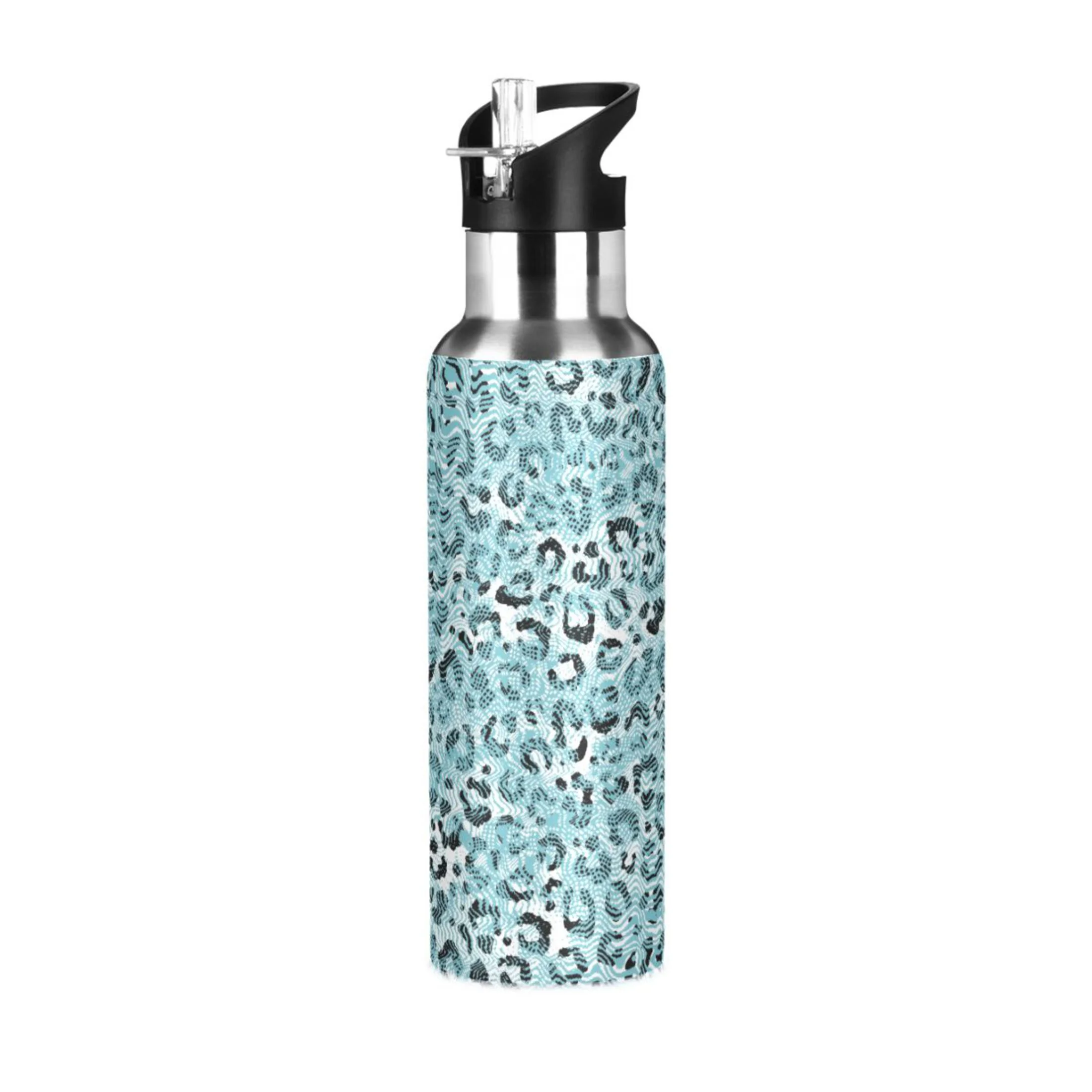 Stainless Steel Water Bottle Green Black Leopard with Straw Lid Vacuum Insulated Leak Proof Flask Jug for Gym Travel Sports Cycling Outdoor 20 OZ