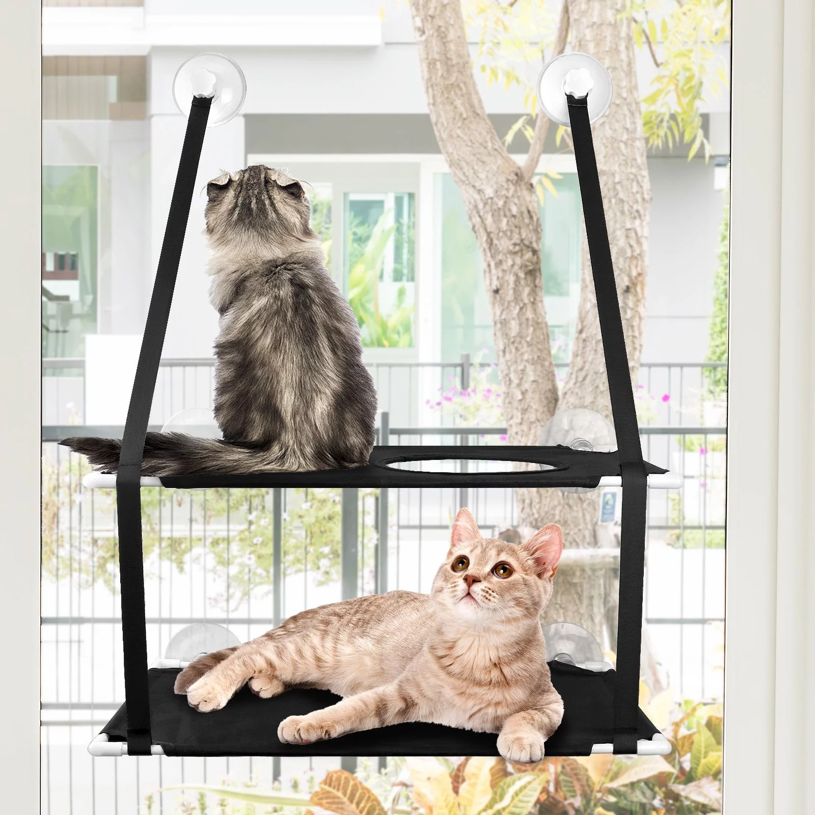 Petbobi Cat Window Perches 2 Layered Hammock Cat Bed up to 55 lb, 20'' x 12'' x 26.4'', Black