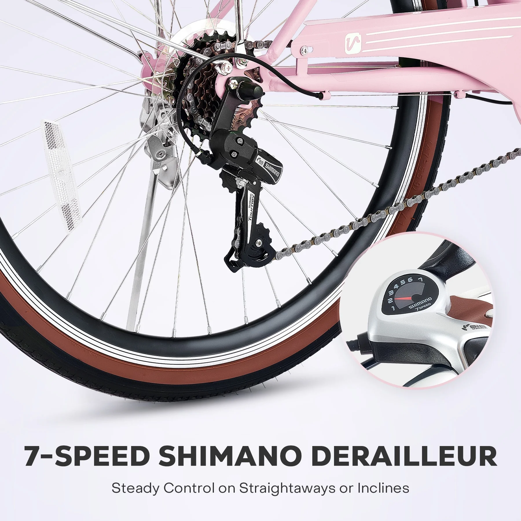 Women's Bike 26 Inch Beach & City Cruiser Bicycle with 7 Speed Basket Pink