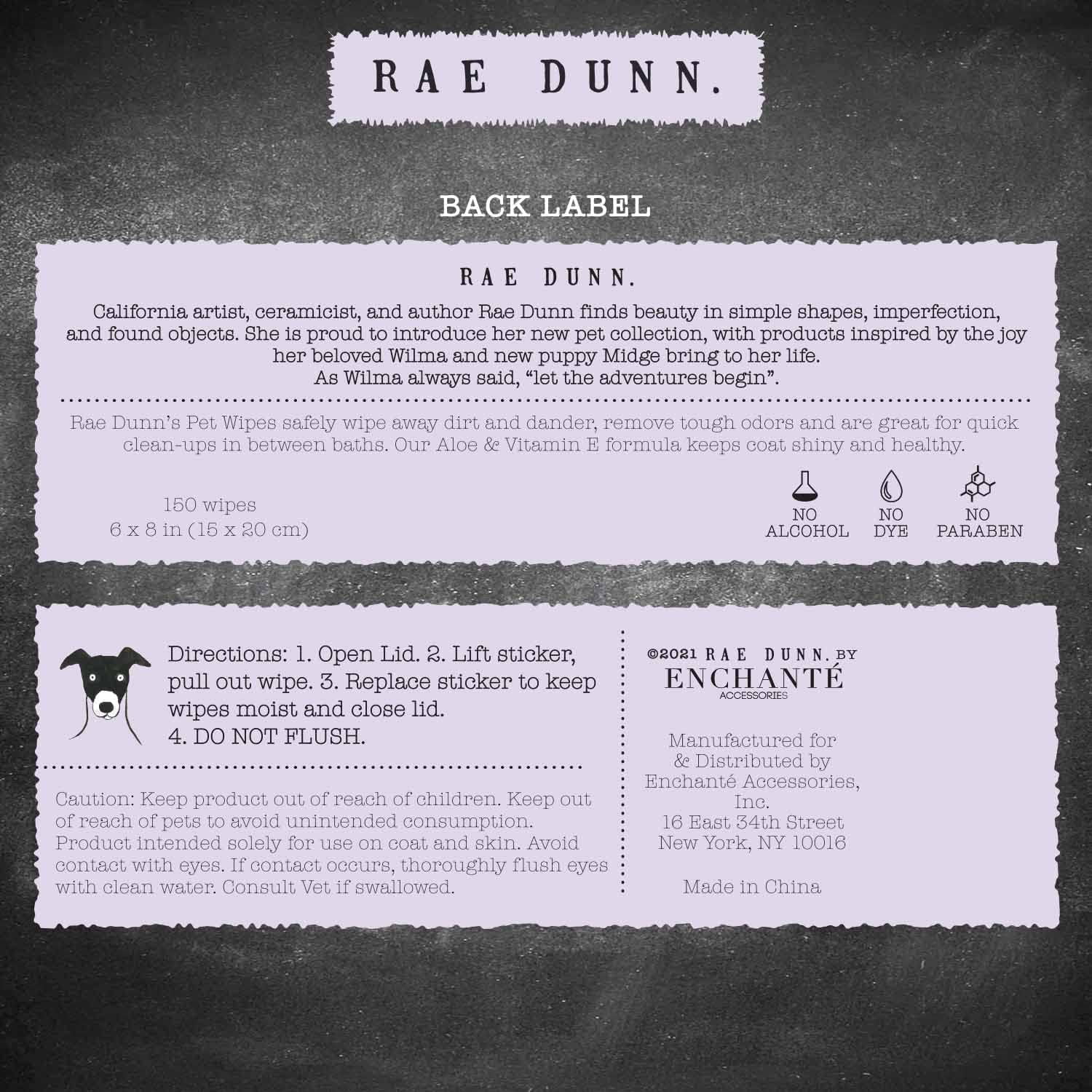 Rae Dunn Pet Wipes, Alcohol Free with Aloe and Vitamin E, Lavender Mint, 150 Count