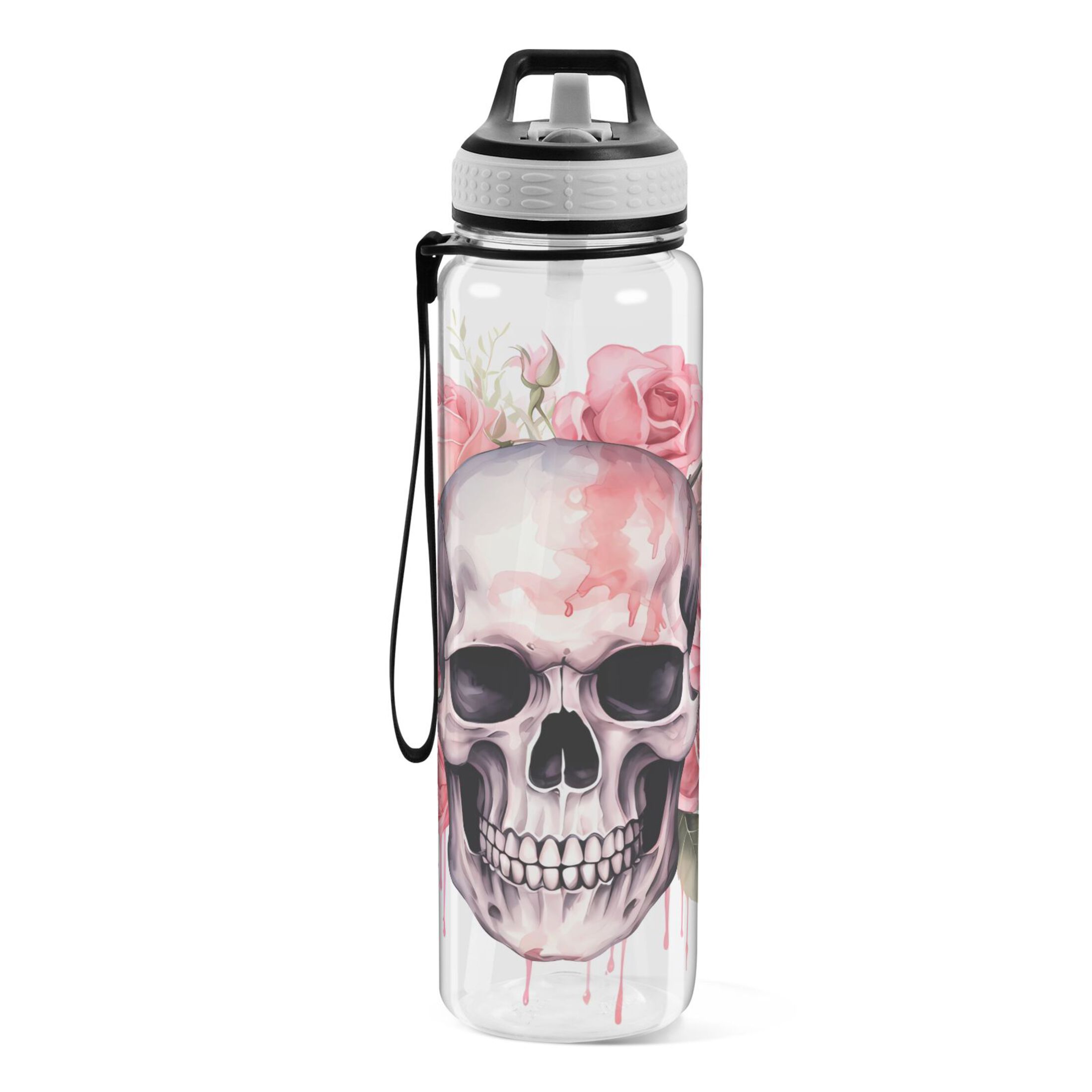 Skeleton with Pink Flowers 32oz Water Bottles with Straw Tritan Leakproof Sports Bottle BPA Free Clear for Fitness Gym Swimming Cycling