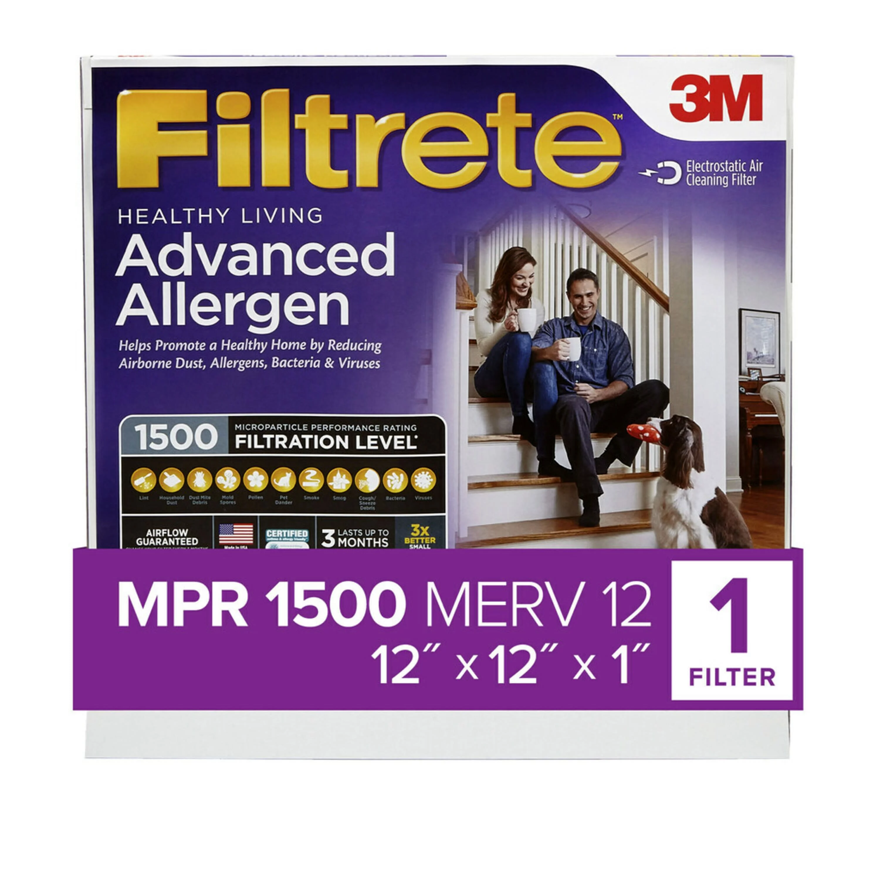 Filtrete 12x12x1 Air Filter, MPR 1500 MERV 12, Advanced Allergen Reduction, 1 Filter