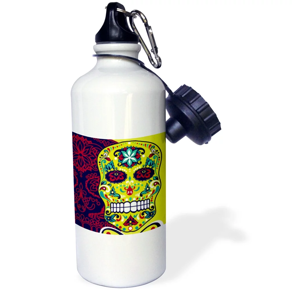 3dRose Green Sugar Skull With Purple Reflection - Straw Water Bottle, 21-ounce