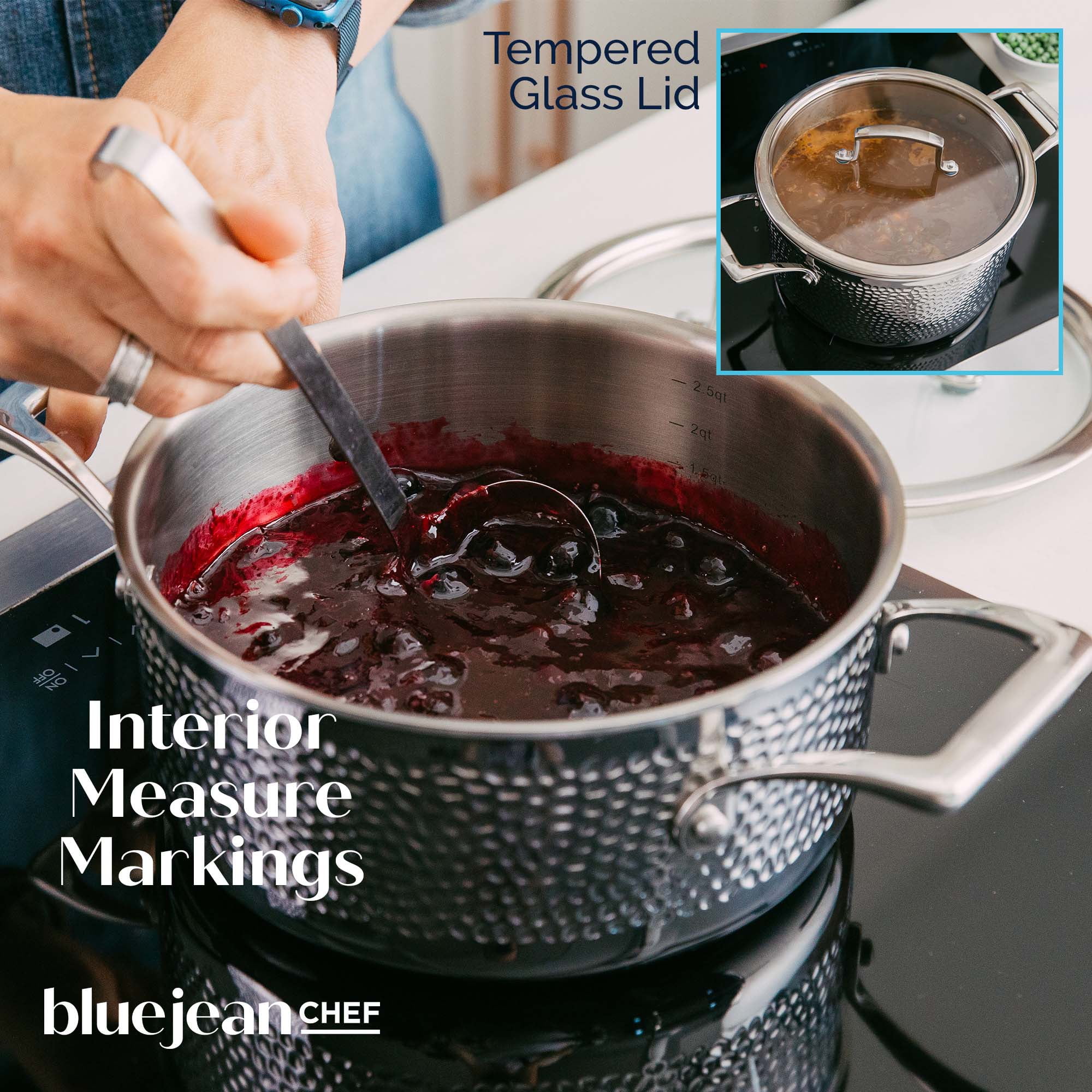 Blue Jean Chef 9-Piece Stainless Steel Cookware Set, Hammered Finish, Tri-Ply Construction Clad Cookware, Nonstick; Induction, Oven & Dishwasher Safe