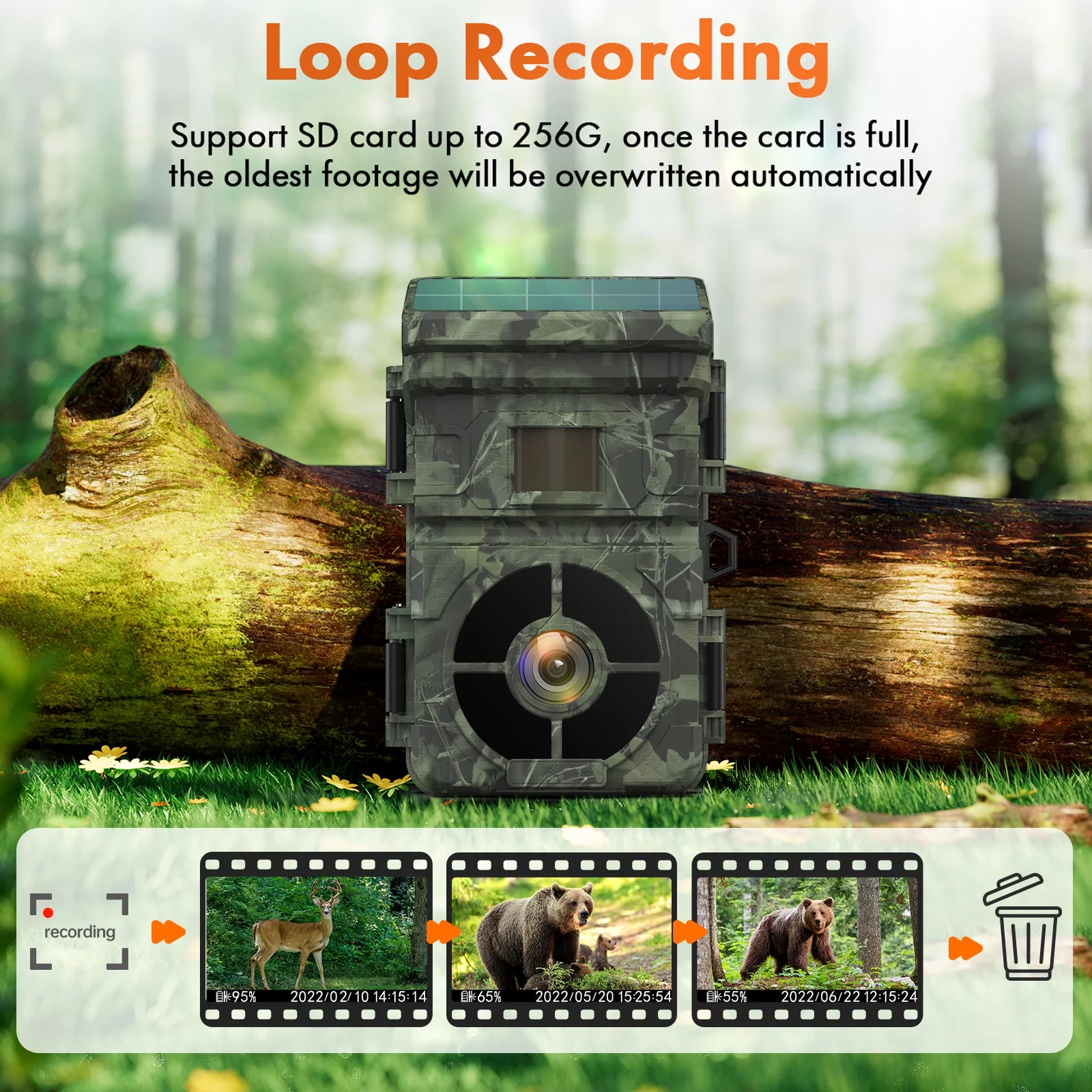 CAMPARK Solar Trail Camera 24MP 1080P 2500mAh Built-in Lithium Battery Rechargeable Game Camera with Night Vision Waterproof IP66 0.1s Trigger Speed 120°Wide Angle 2.0