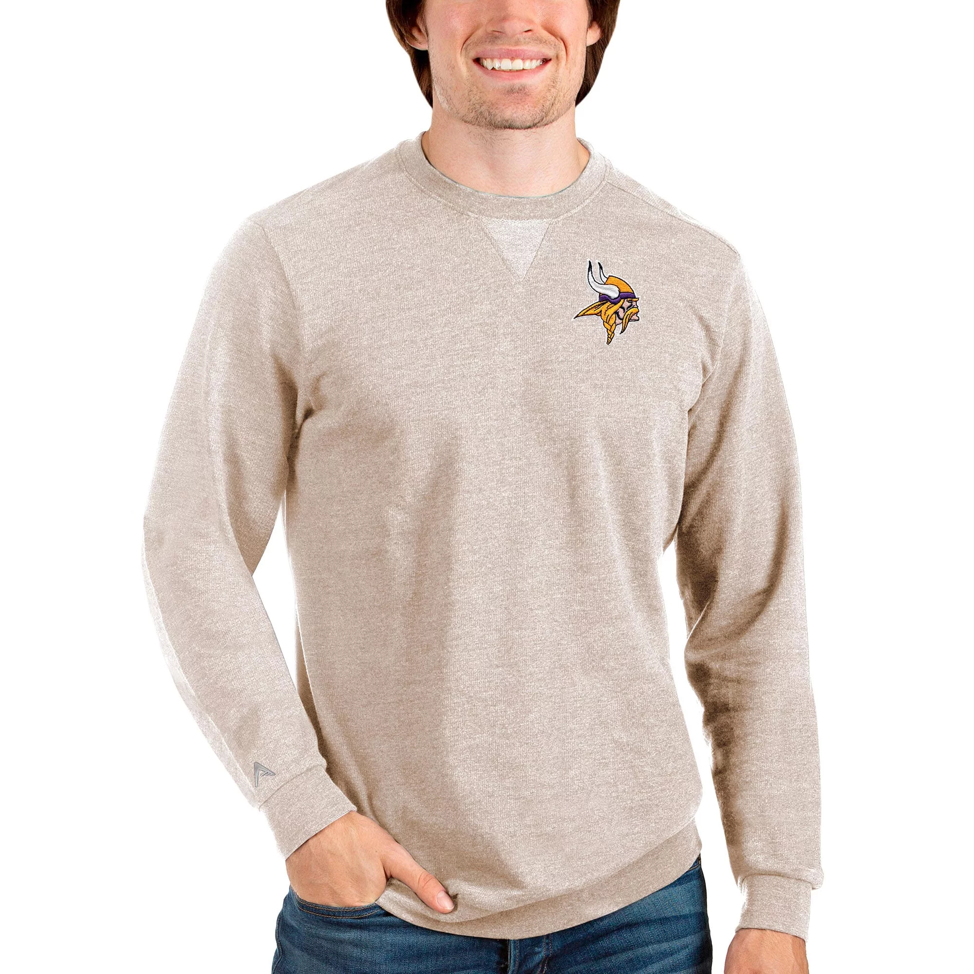Men's Antigua Oatmeal Minnesota Vikings Reward Crewneck Pullover Sweatshirt