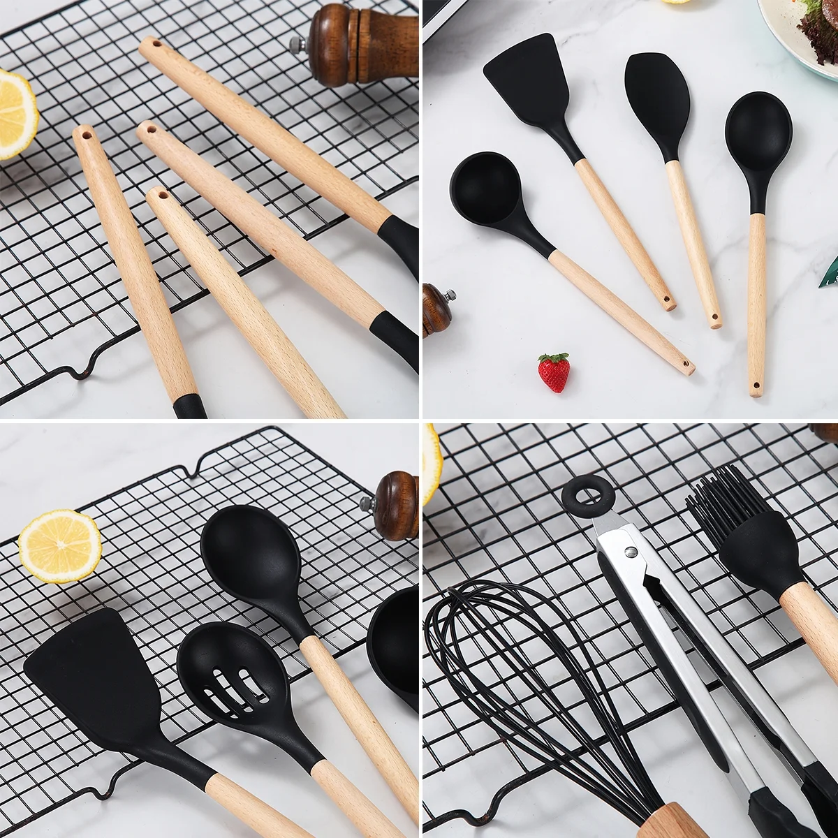 ReaNea Silicone Kitchen Utensils Set 38 Pieces and Utensil Holder (Black)